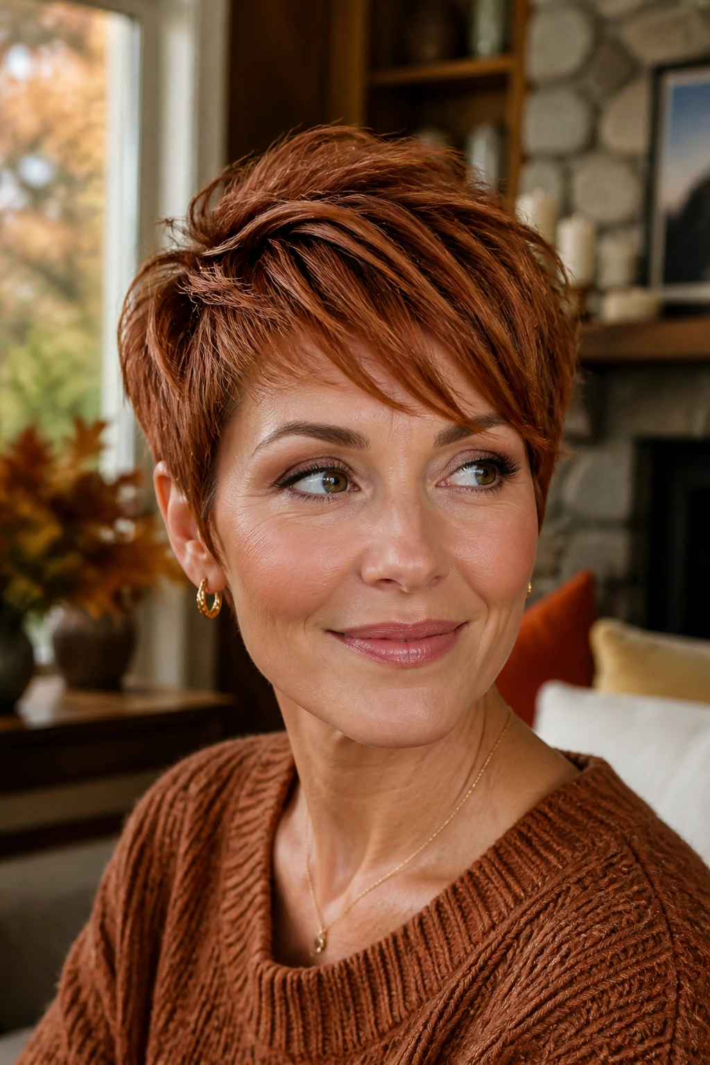 Close-up portrait of a real woman with autumn maple pixie hair color in a cozy room