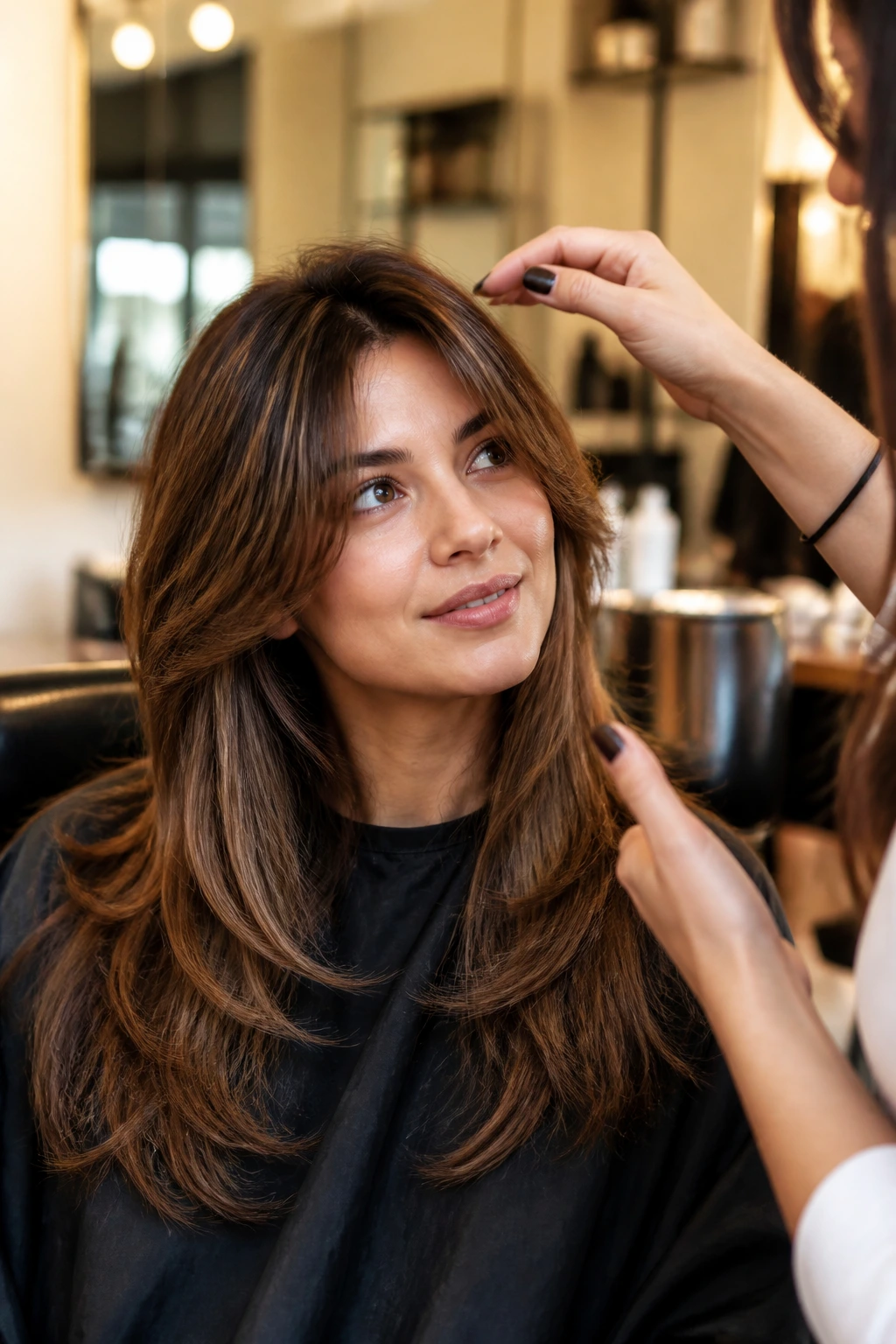 Client in salon listening to stylist about butterfly layers