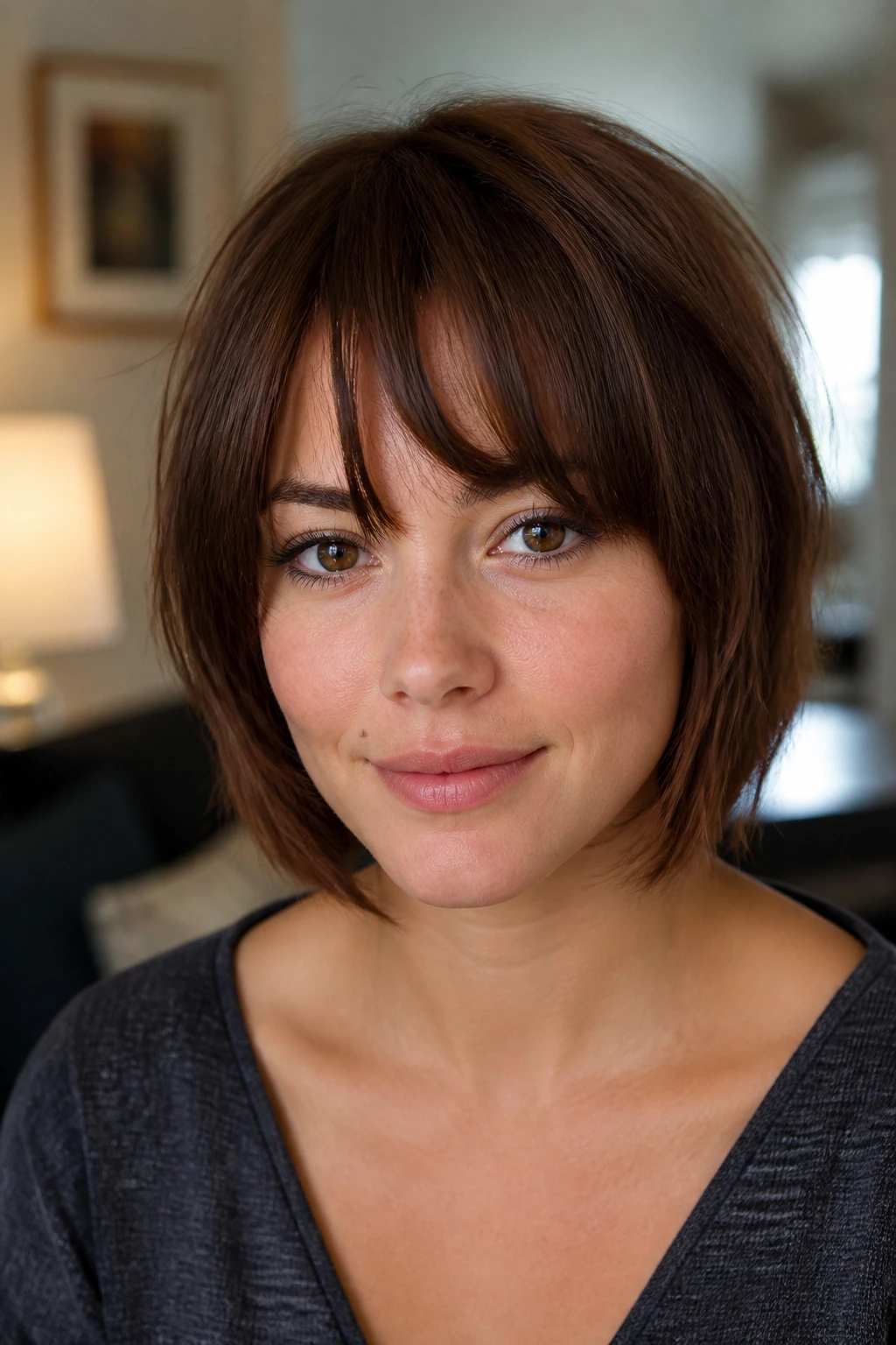 Portrait of a woman with flowing bangs avoiding a shelf-like straight line