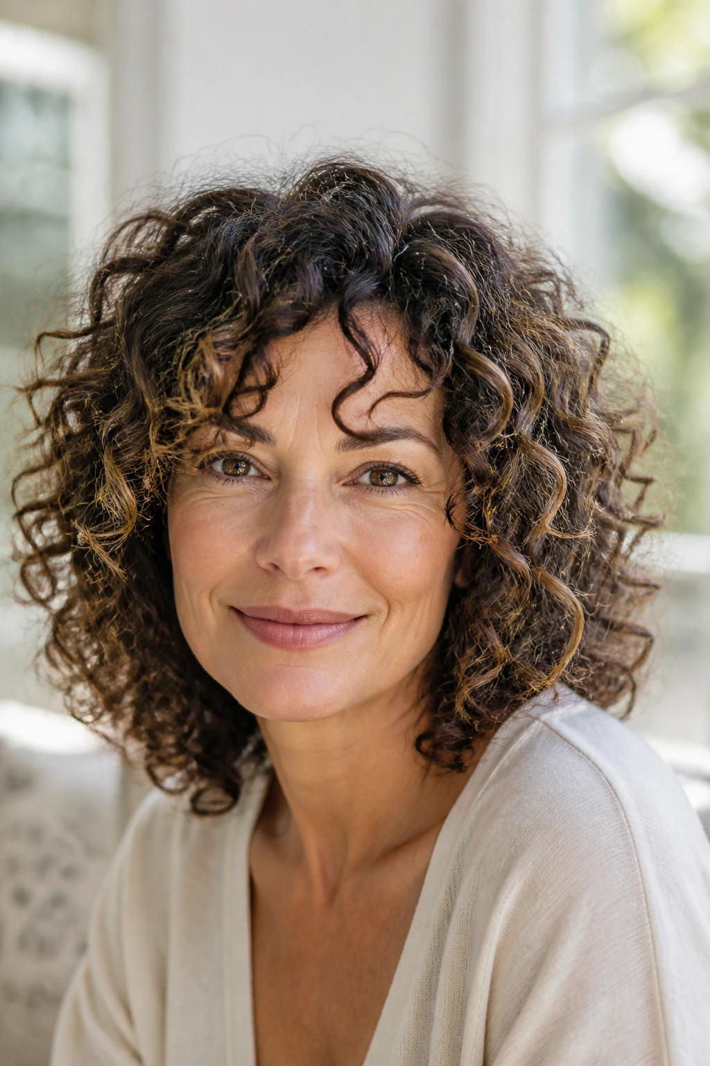 Portrait of a real woman with awake-looking curls and crown lift