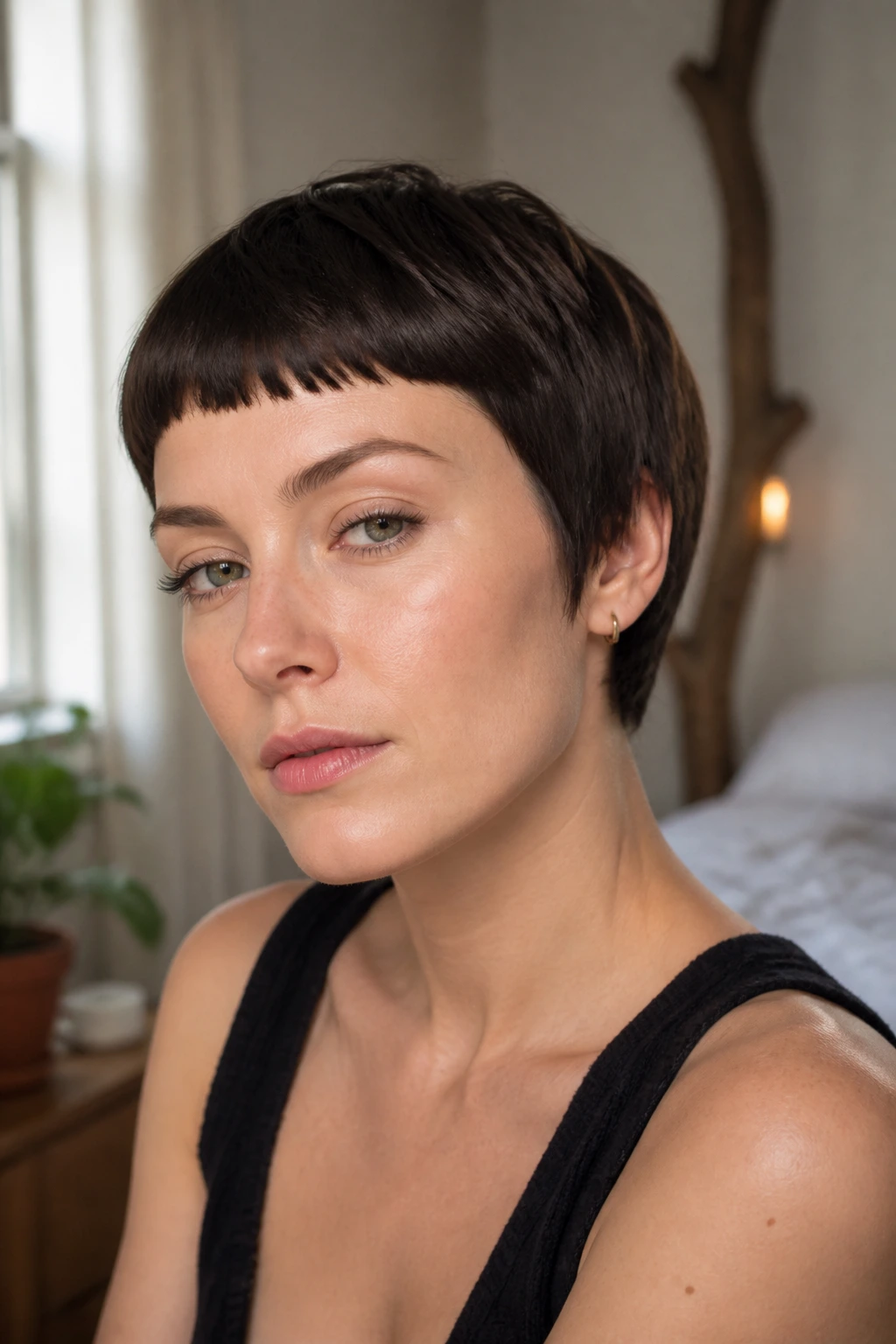 Close-up portrait of a woman with a baby bangs crop hairstyle