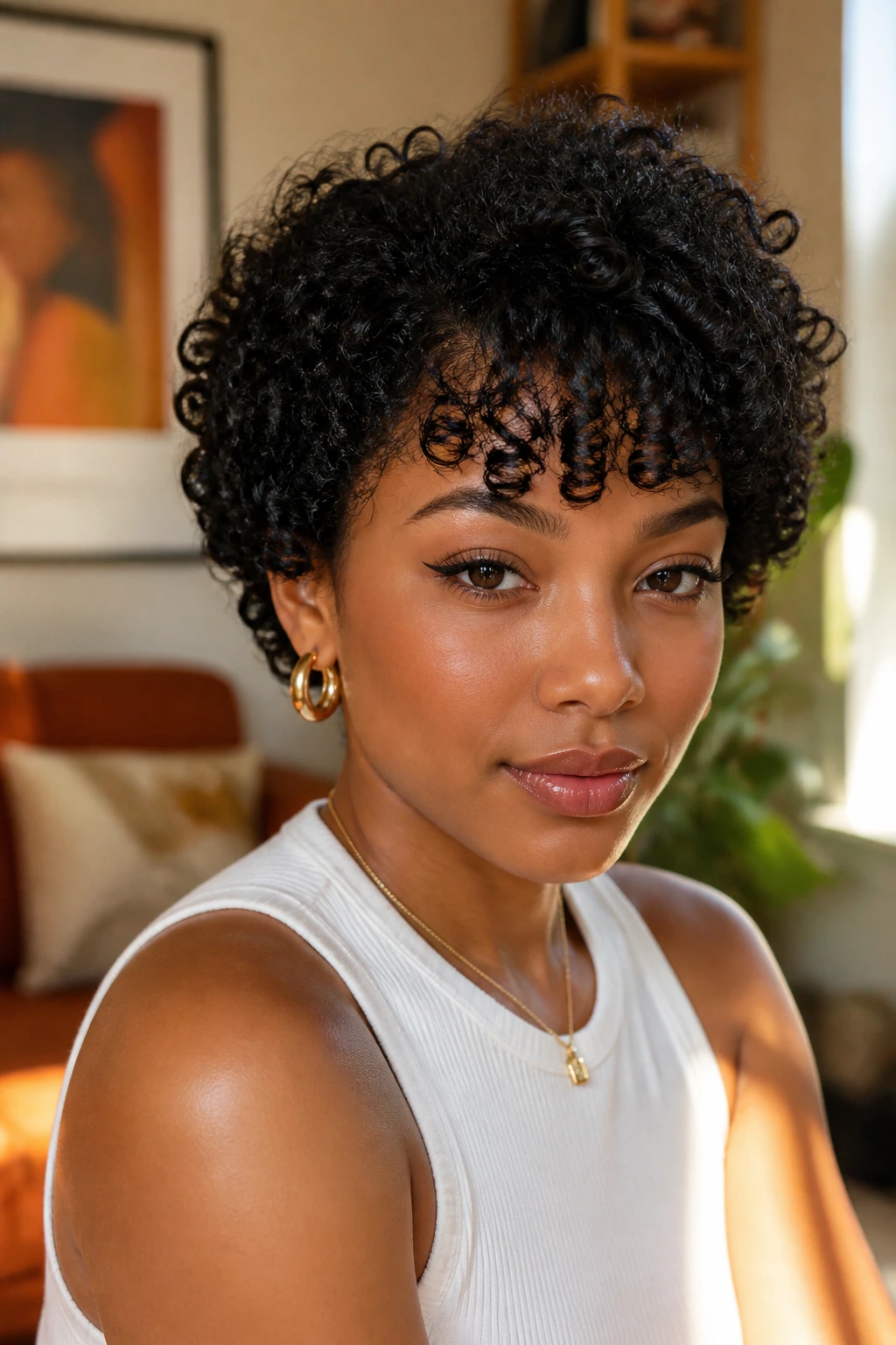 Close-up of a Black woman with airy baby bangs and 3B curls in natural light