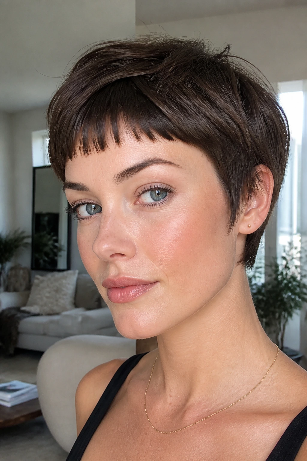 Close-up portrait of a woman with baby bangs pixie bob in bright interior