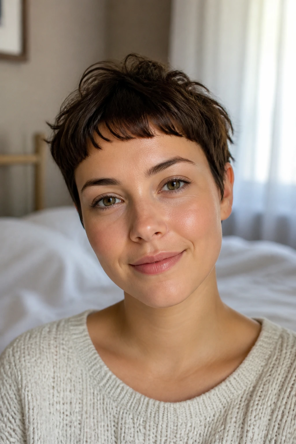 Close-up of real woman with baby bang pixie and above-brow fringe.