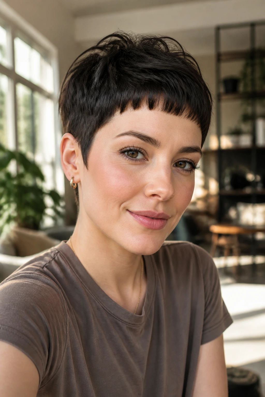Close-up of a real woman with baby bangs and a tight pixie