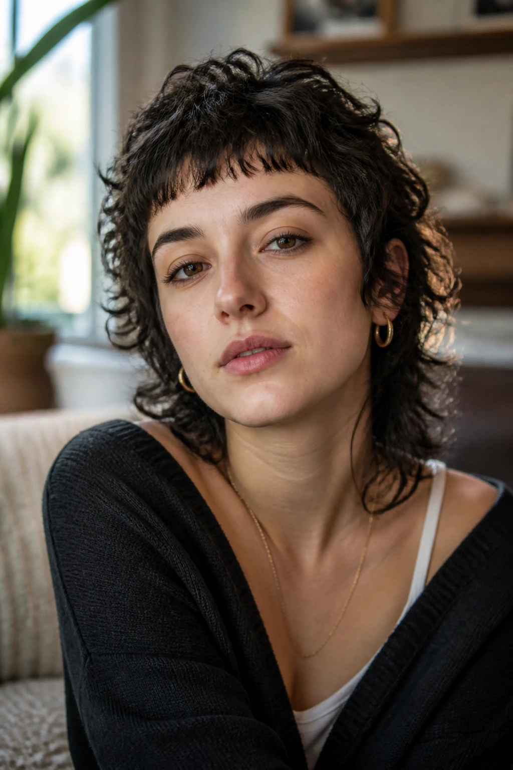 Close-up portrait of a real person with baby-bang wolf crop