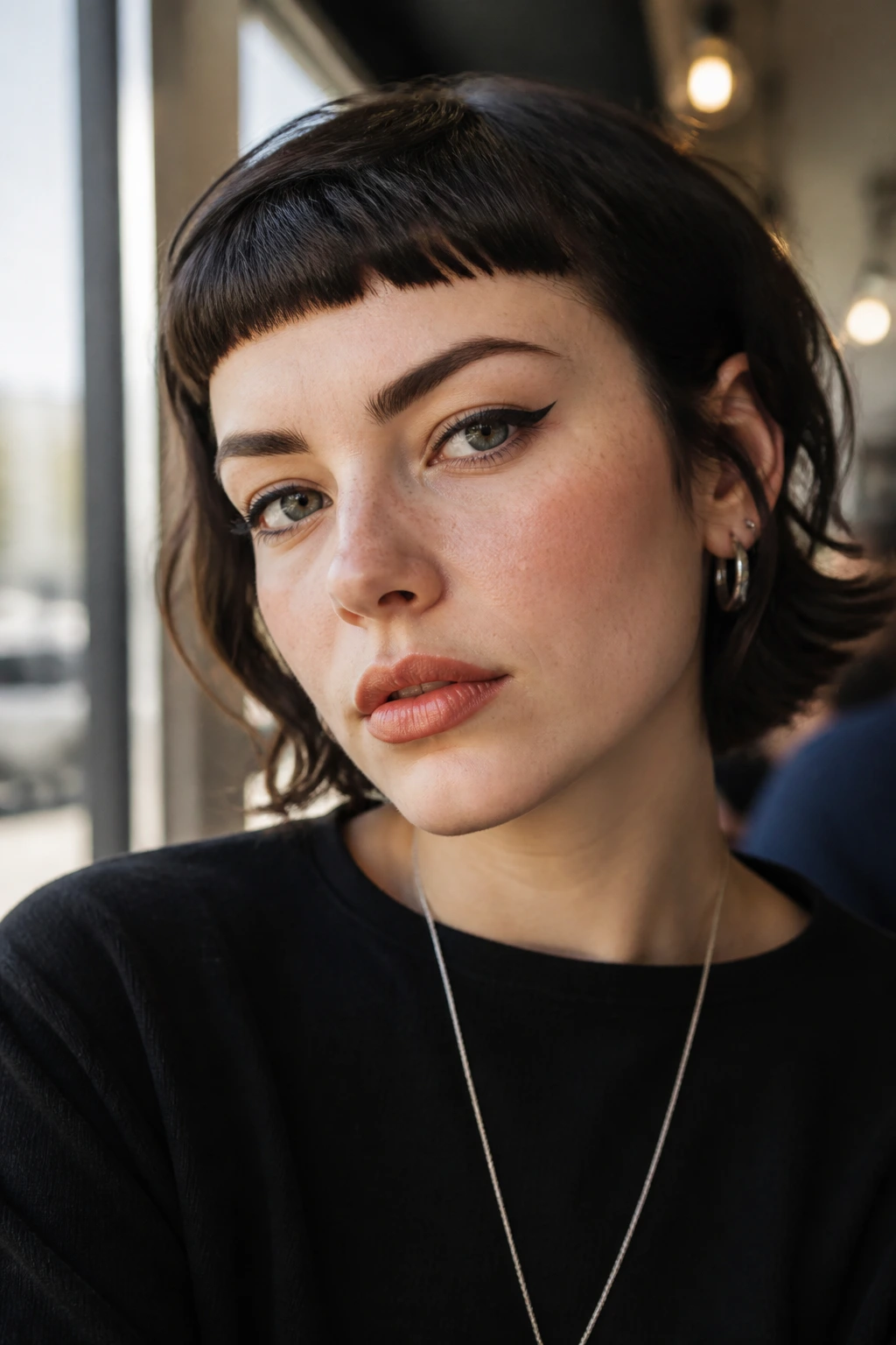 Close-up of a real woman with baby bangs above the brows in bright cafe light.
