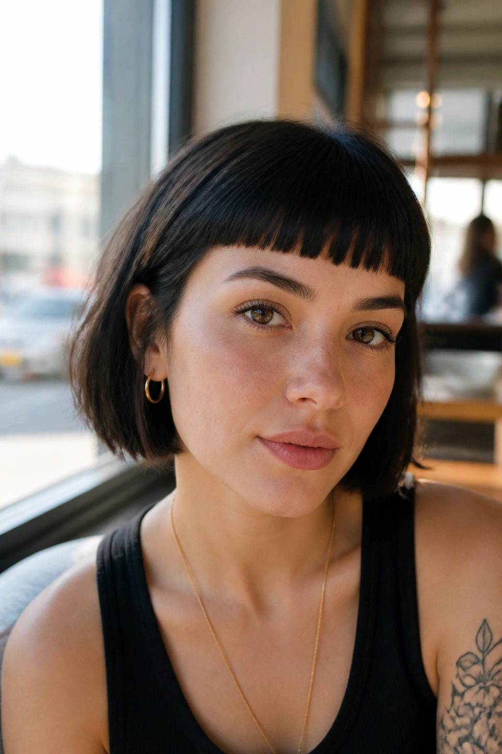 Close-up of a real woman with baby bangs above the brows, bold graphic fringe
