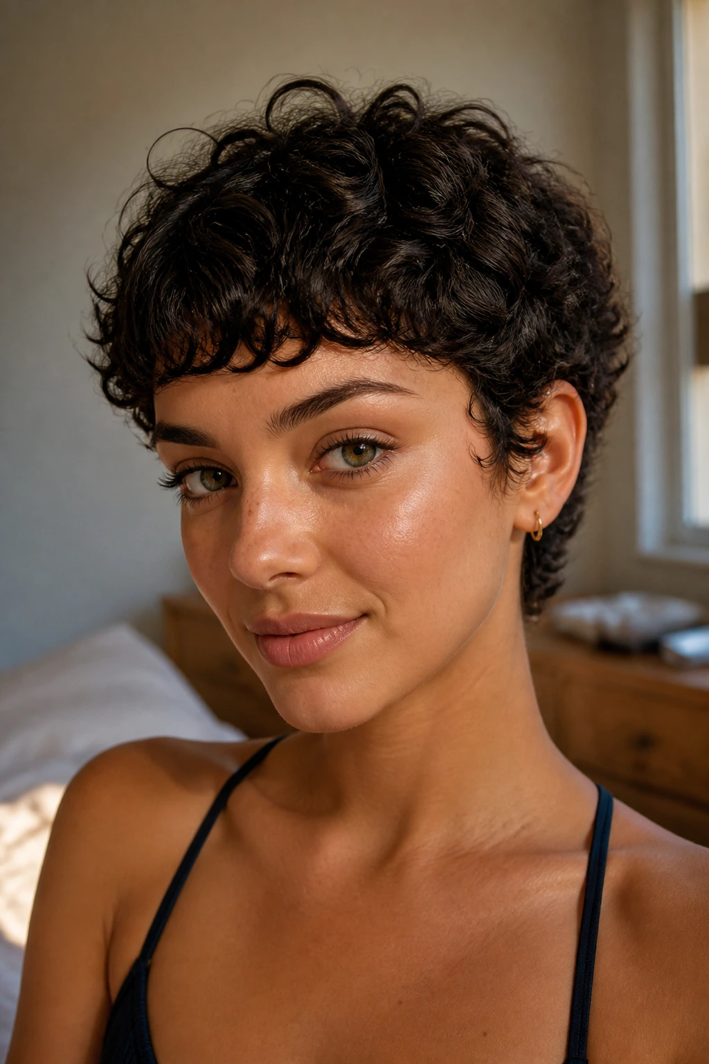 Close-up portrait of a real person with baby bangs on a curly crop.