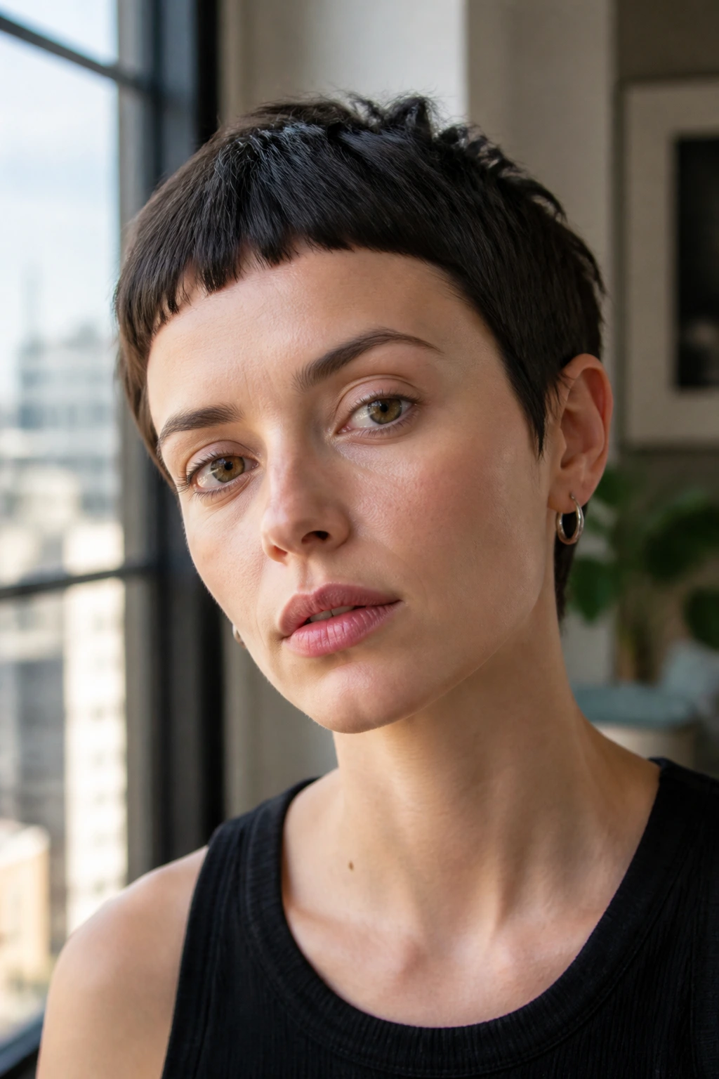 Close-up of a real person with baby bangs creating a graphic edge in a bright urban space.