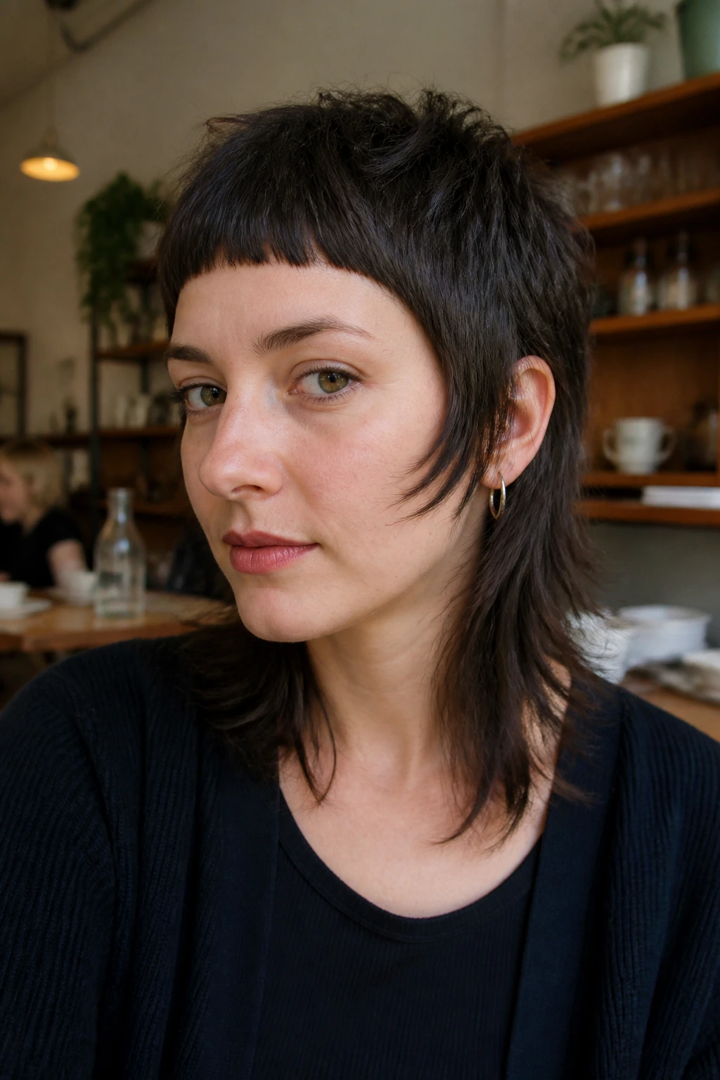 Close-up portrait of a real person with baby bangs and mullet tail
