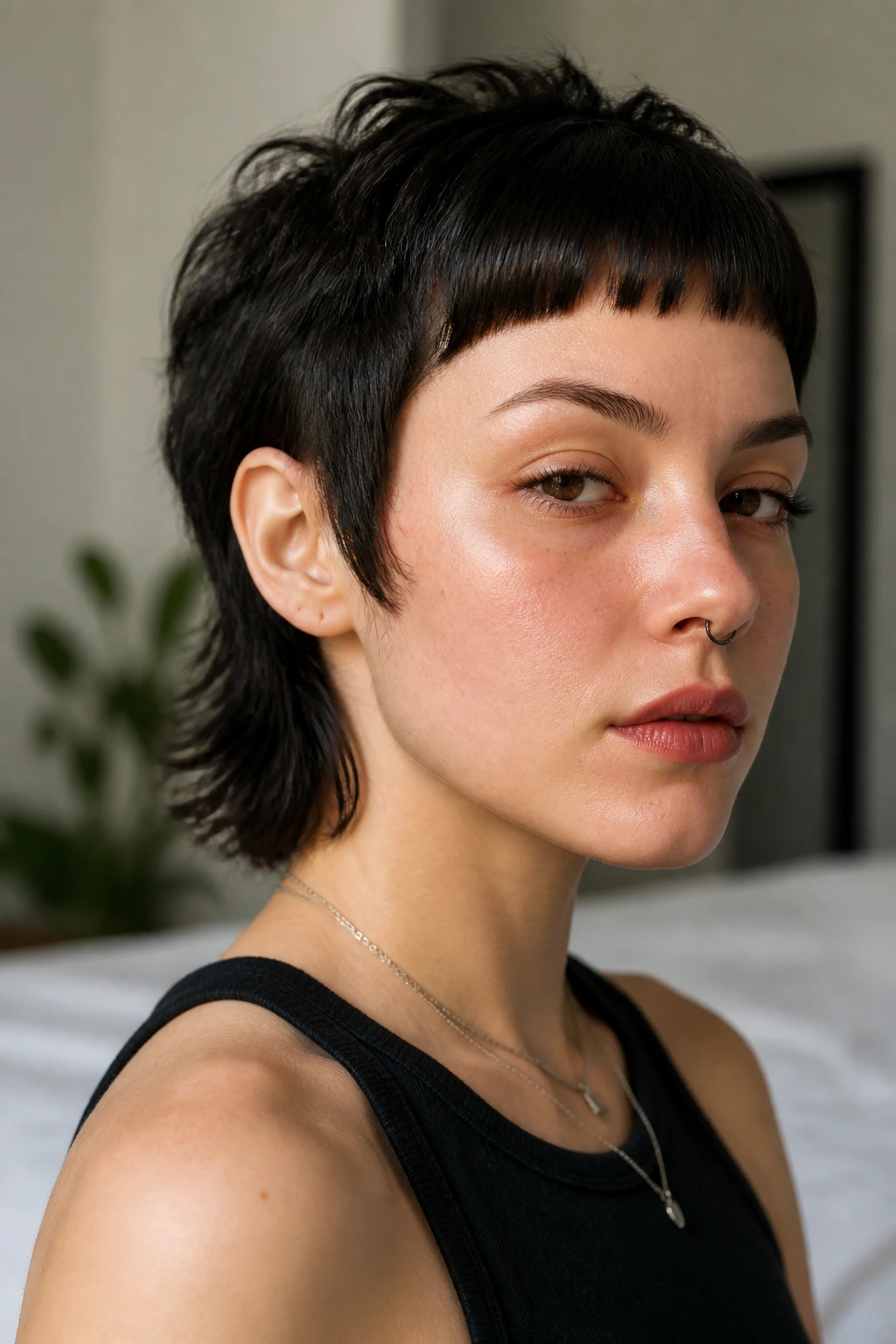Close-up of a real person with baby bangs and a short back mullet in bright daylight.