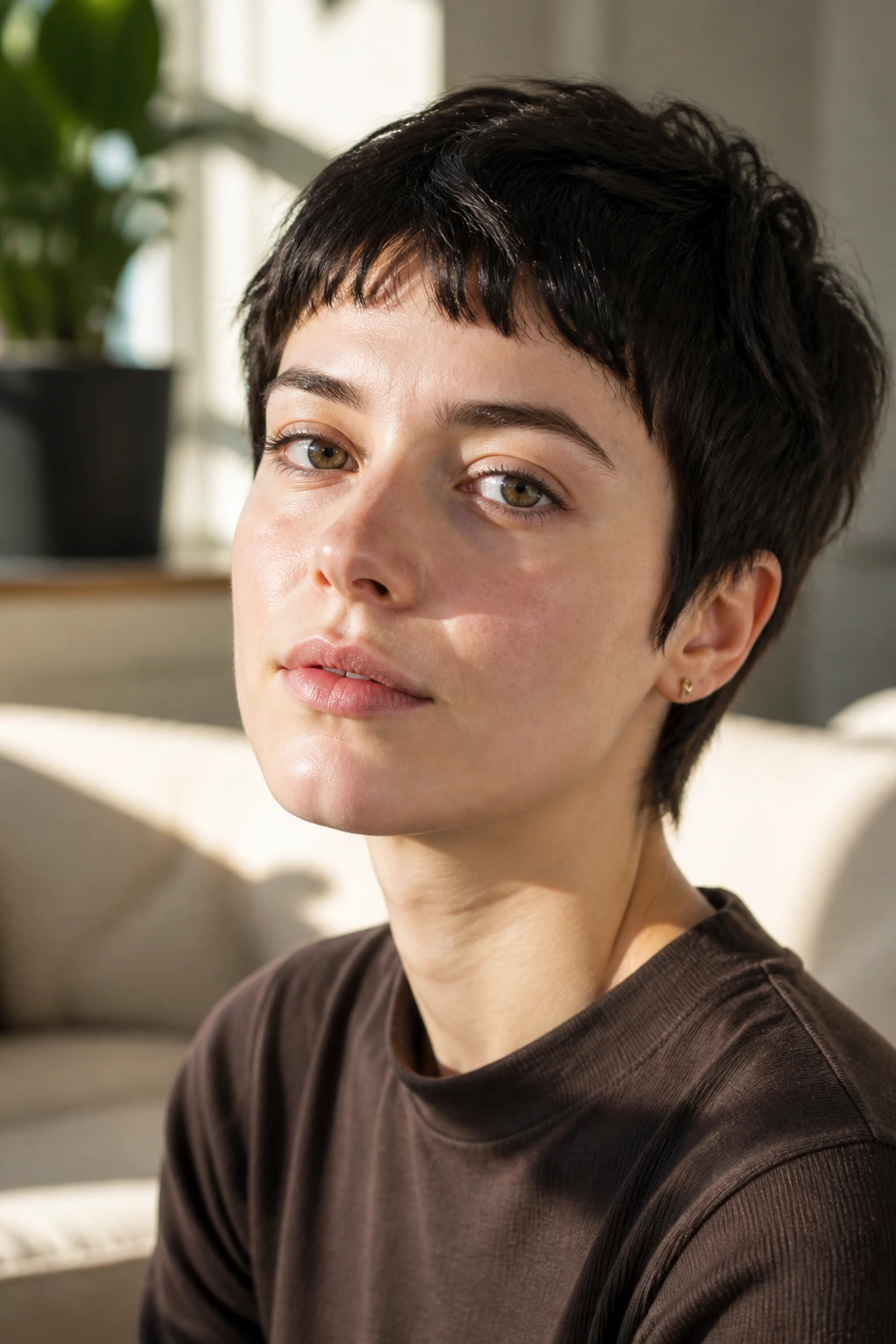 Close-up of a woman with baby bangs pixie in a sunlit living room