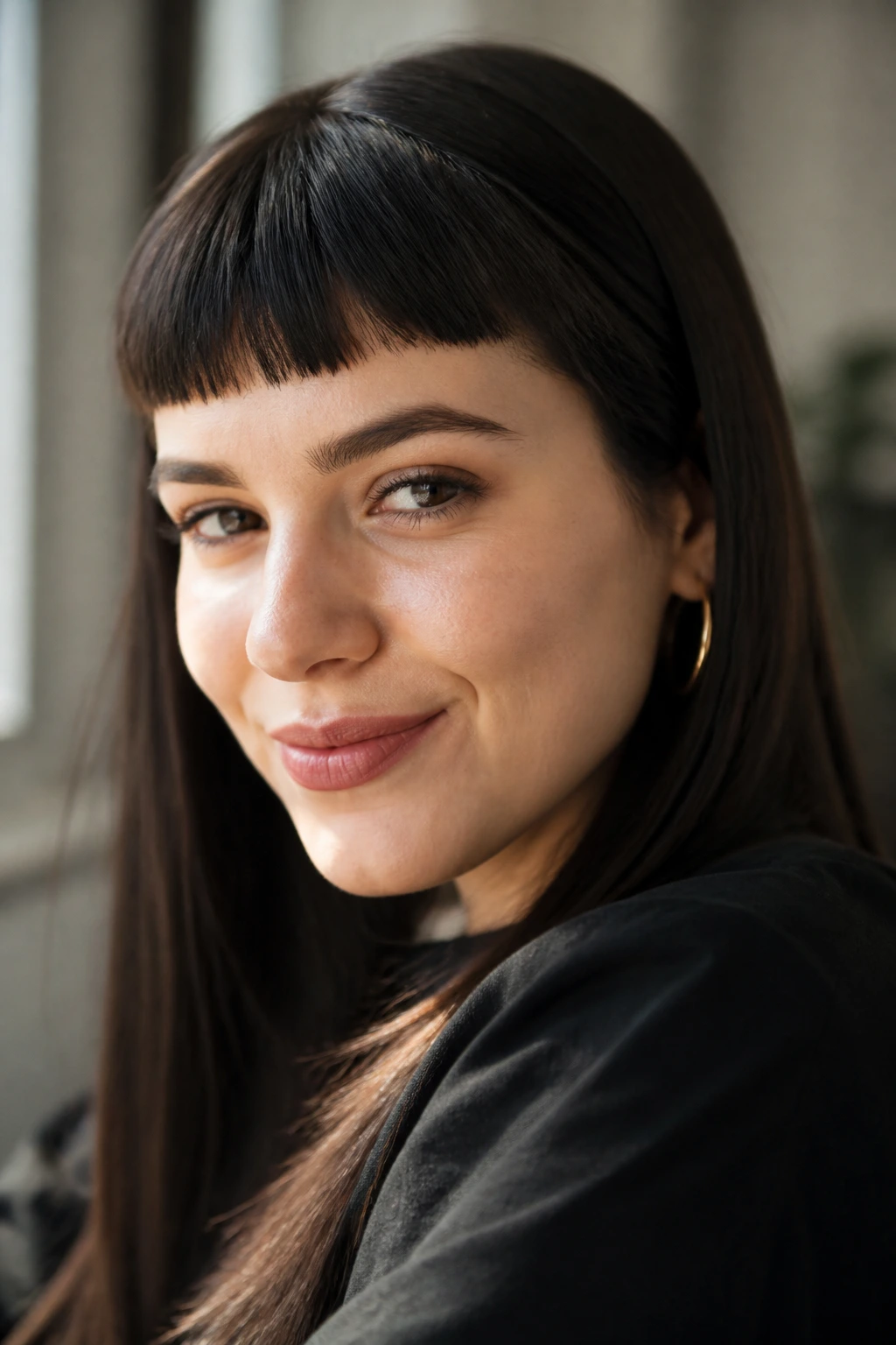 Close-up of a real woman with baby bangs above the brows in natural light.
