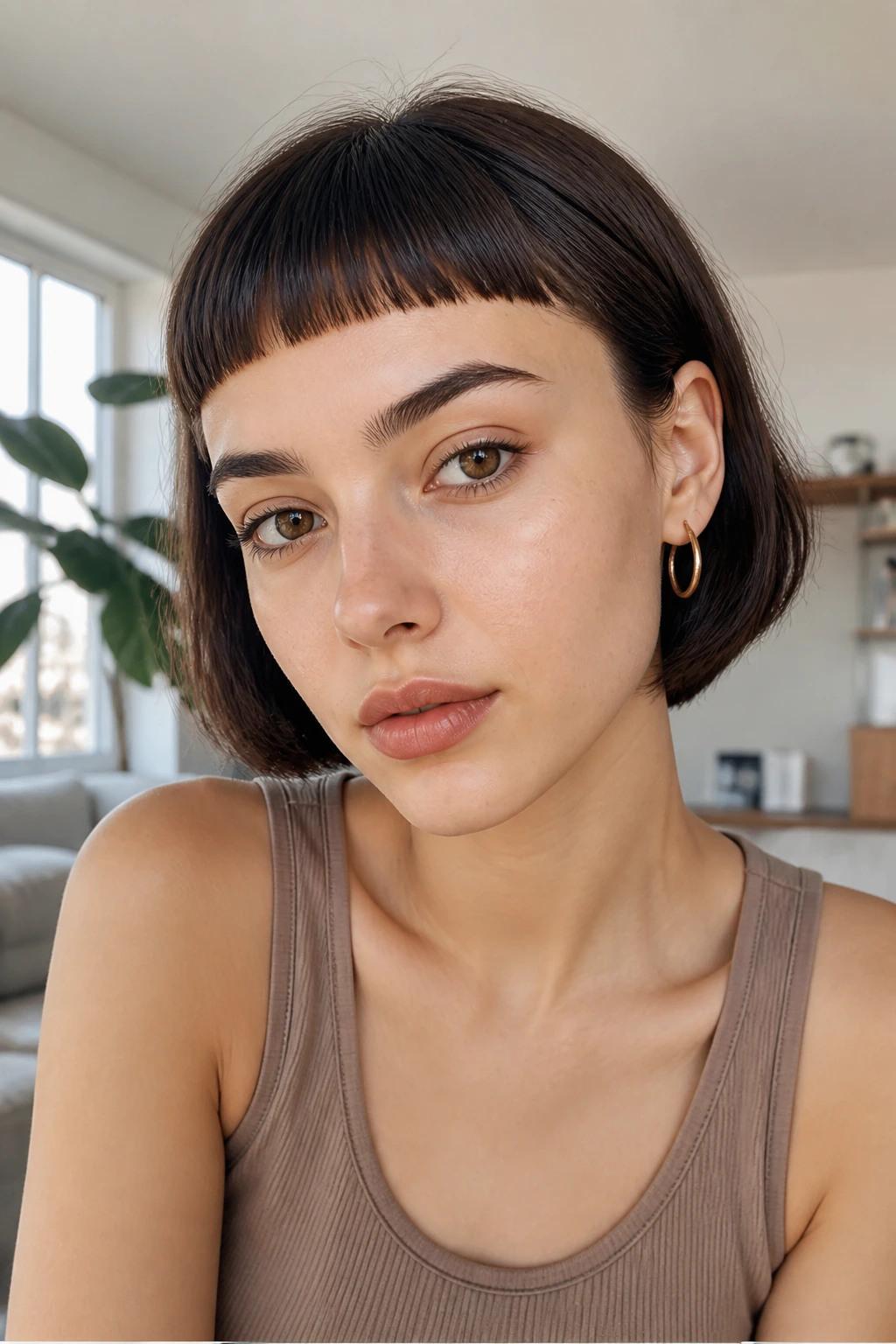 Close-up of a real woman with baby bangs above the brows in bright natural light