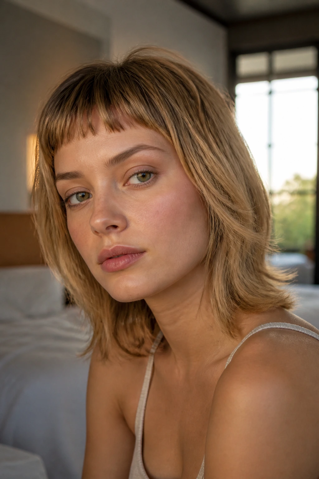 Close-up of a real person with baby bangs and shaggy layers on straight hair