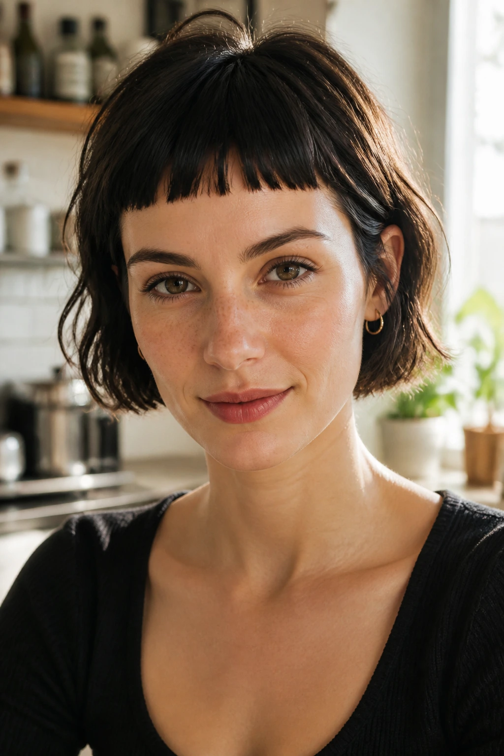 Close-up of a woman with short baby bangs in bright morning light