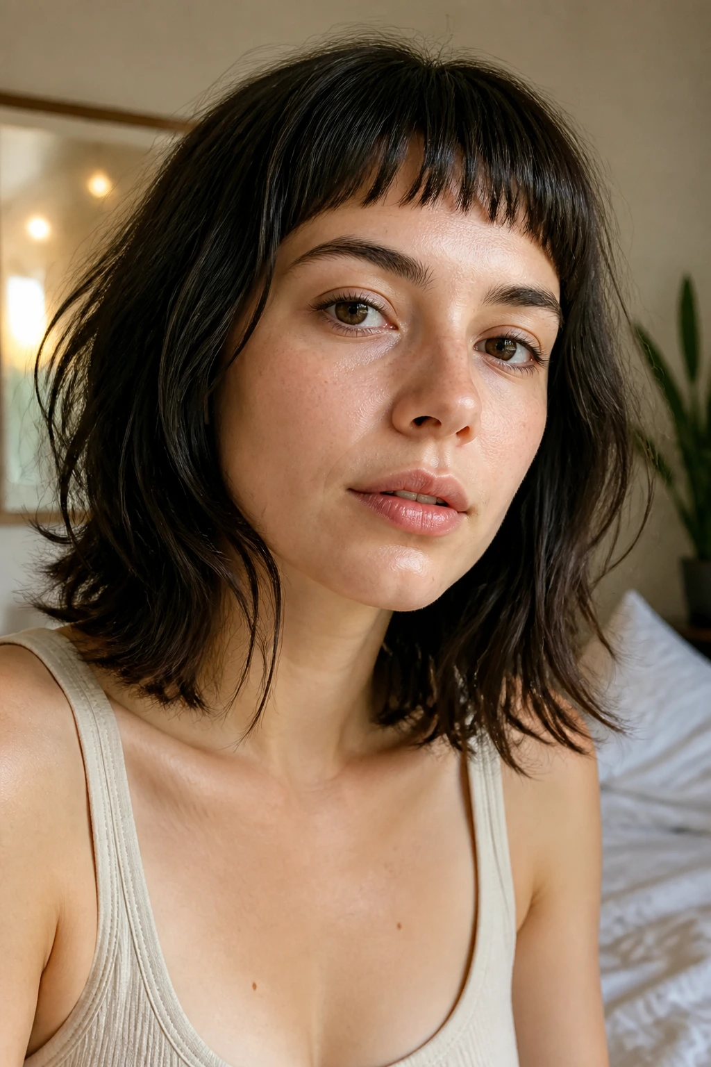 Close-up of a real person with baby bangs above the brows