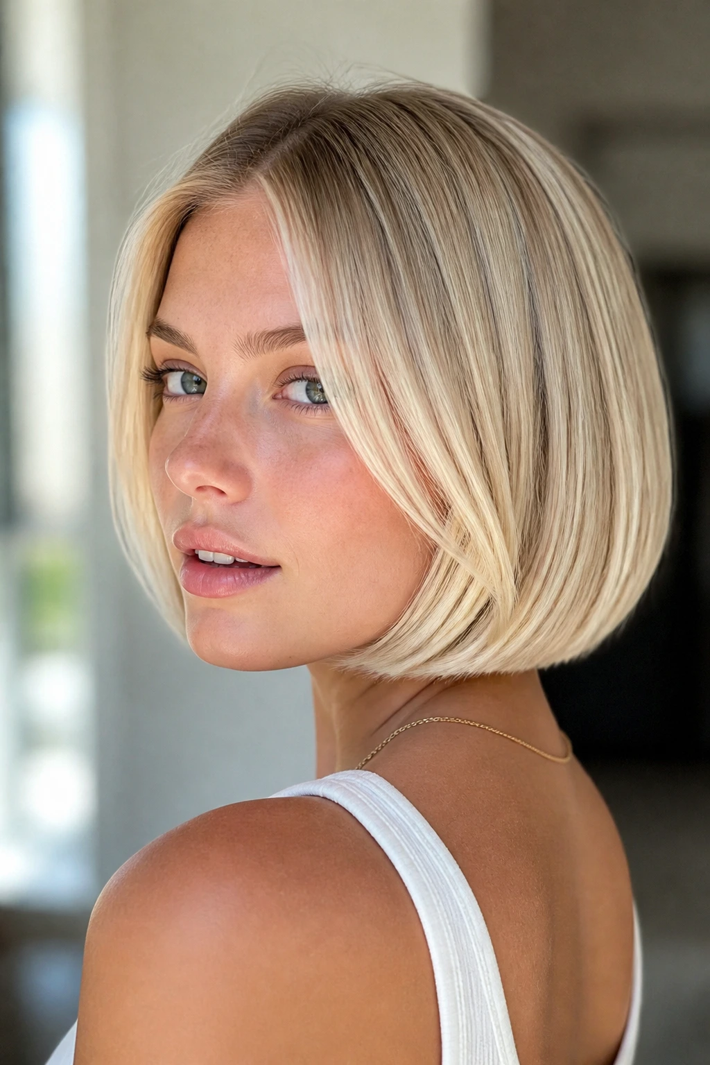 Close-up of real woman with pale blonde bob and fine babylights