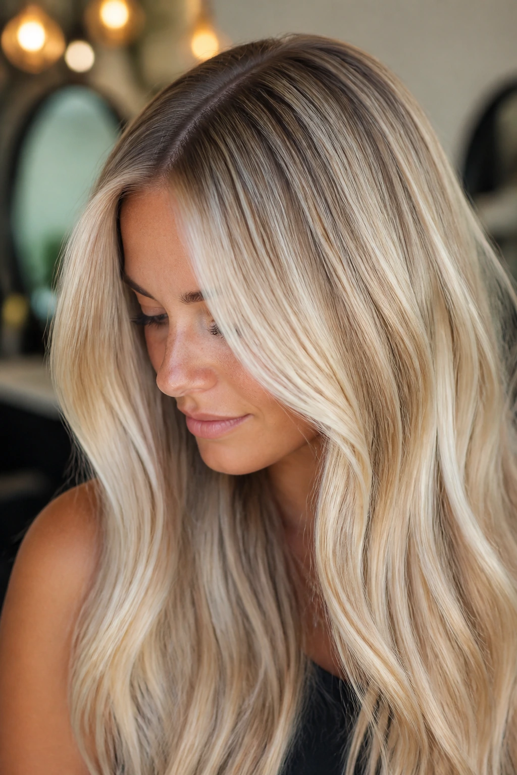 Close-up of a real person with baby blonde foils and a shadow root in a sunlit salon.