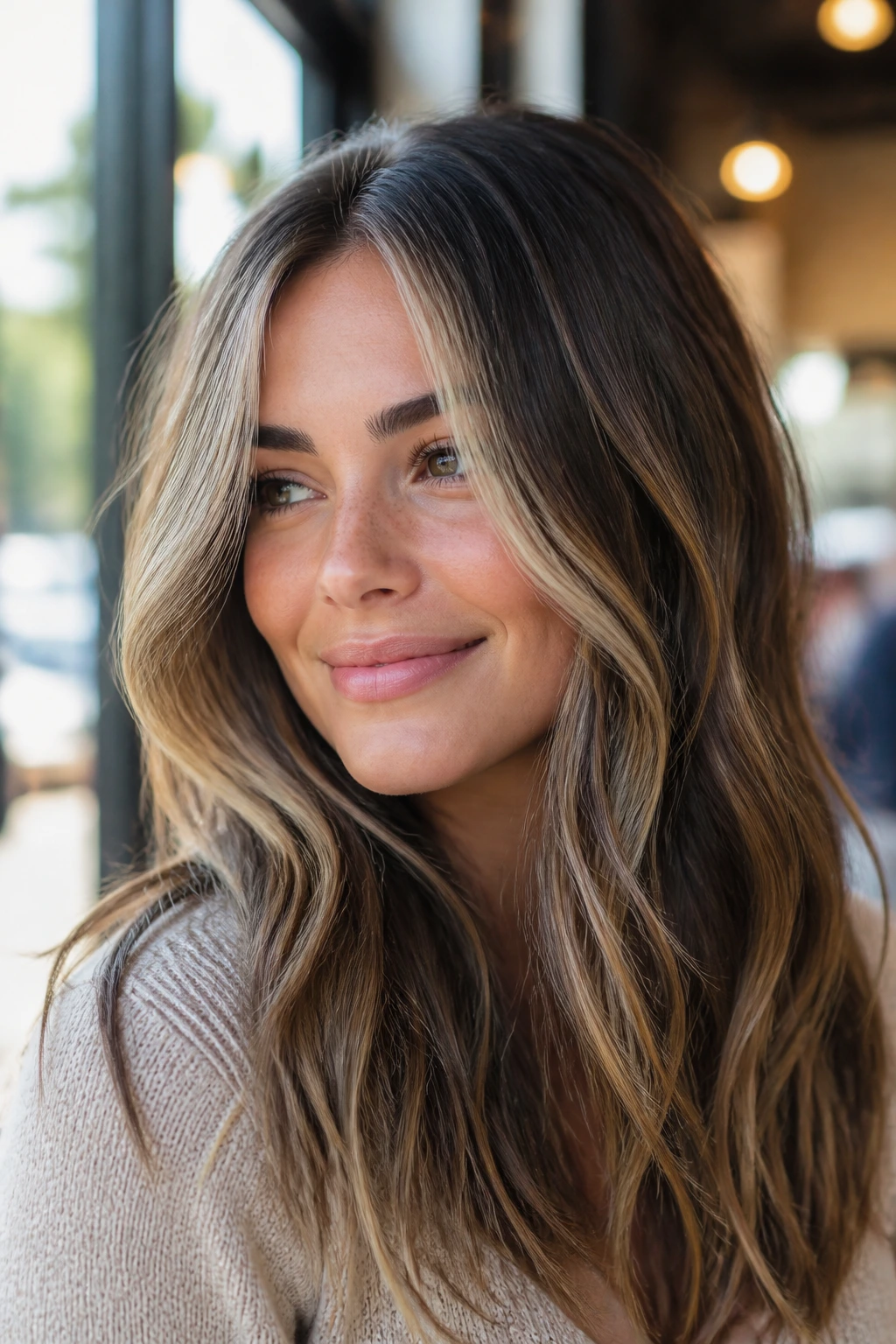 Close-up portrait of a real woman with baby blonde highlights on brunette base