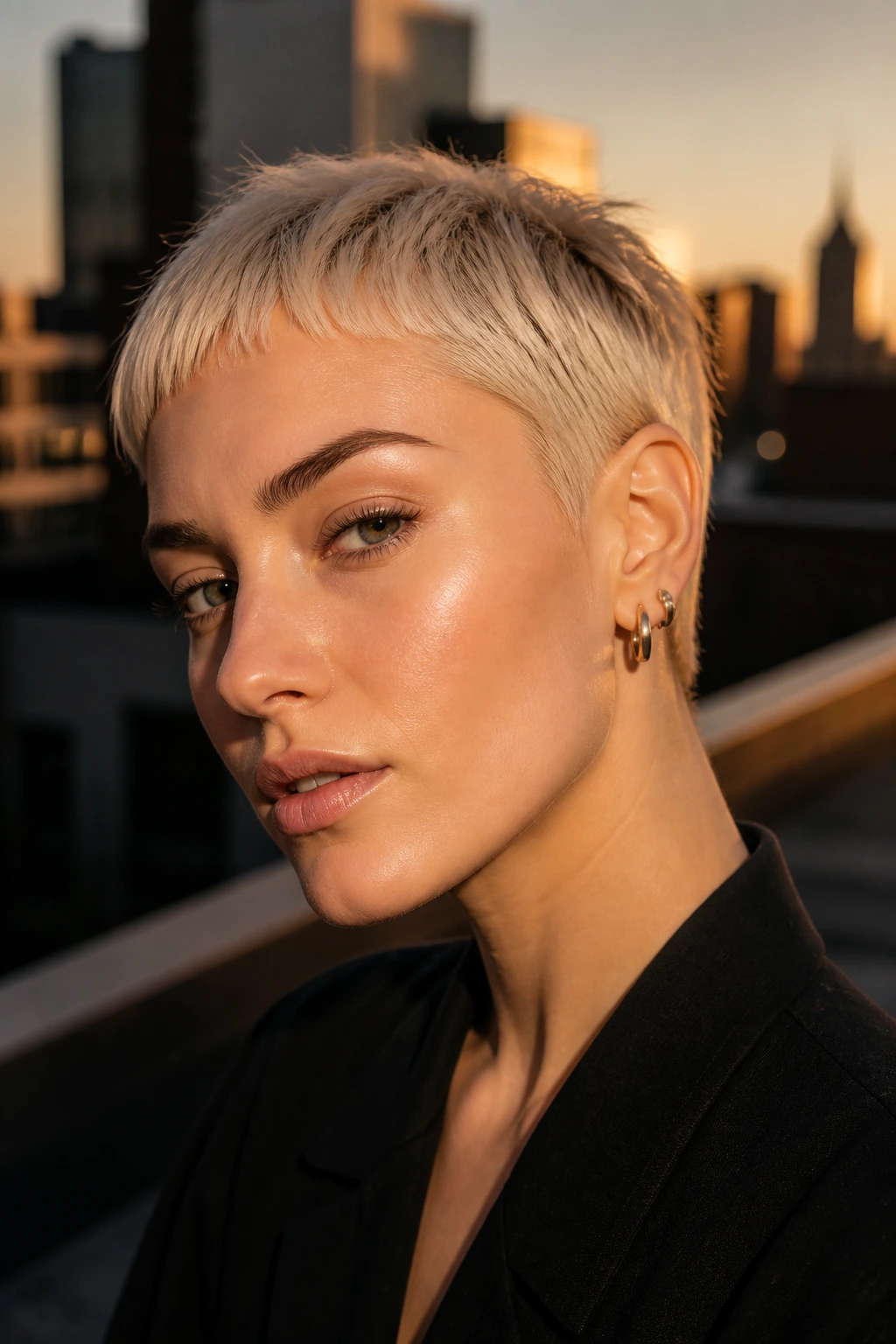 Real person with baby blonde crop and micro bangs in golden hour light