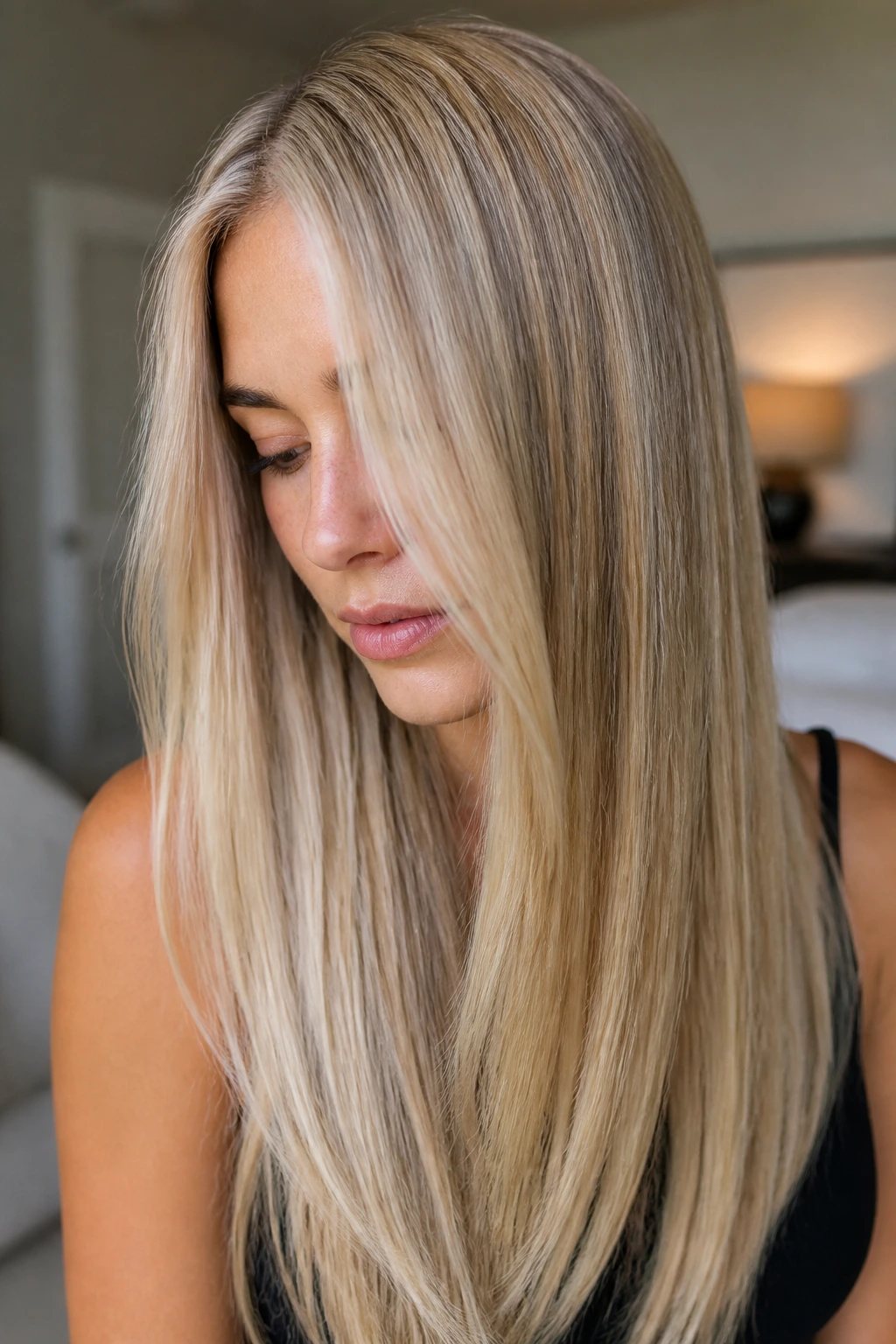 Close-up portrait of a real woman with baby blonde veil balayage on straight hair in soft window light