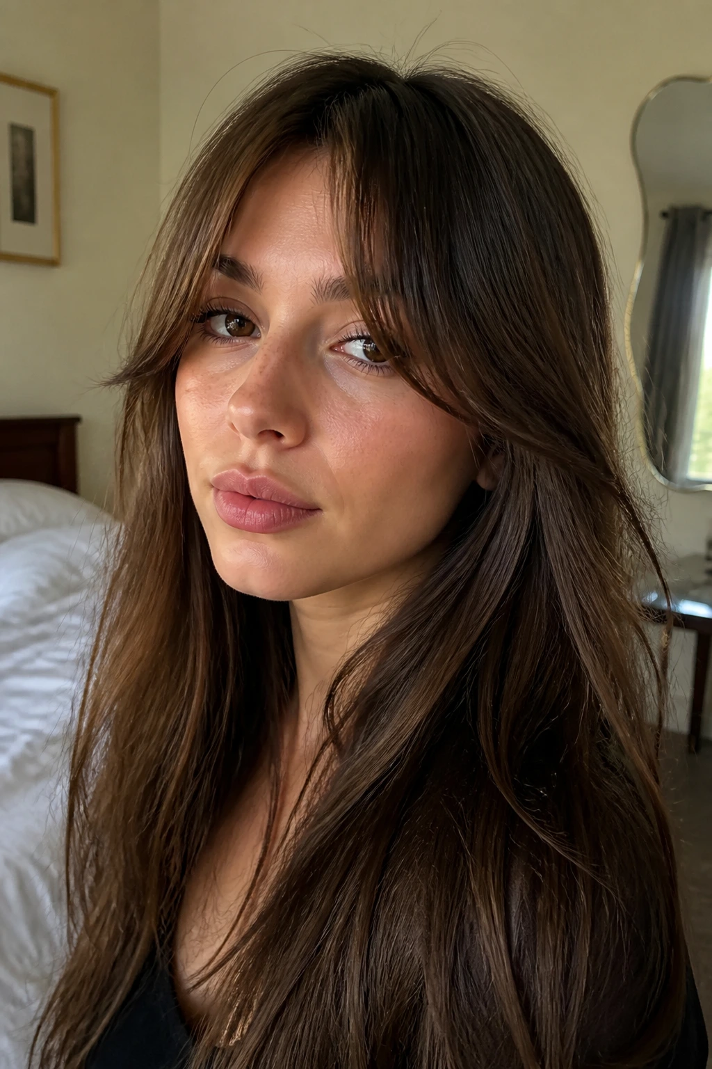 Close-up of a real woman with short curtain bangs that barely touch the forehead