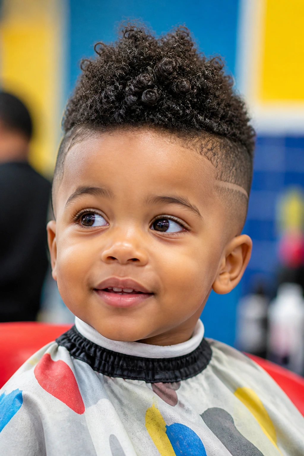Close-up of toddler boy with rounded frohawk in a bright kids' salon