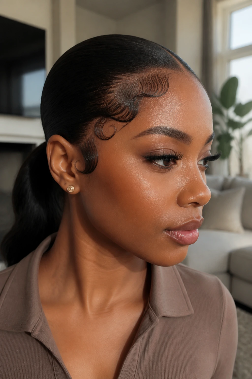 Real woman with sculpted baby hair framing the face in a low ponytail.