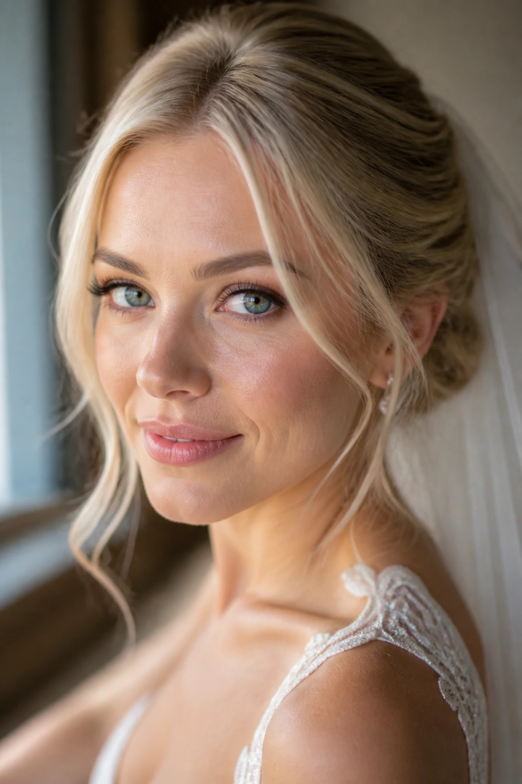 Bride with fine, delicate champagne highlights around the hairline