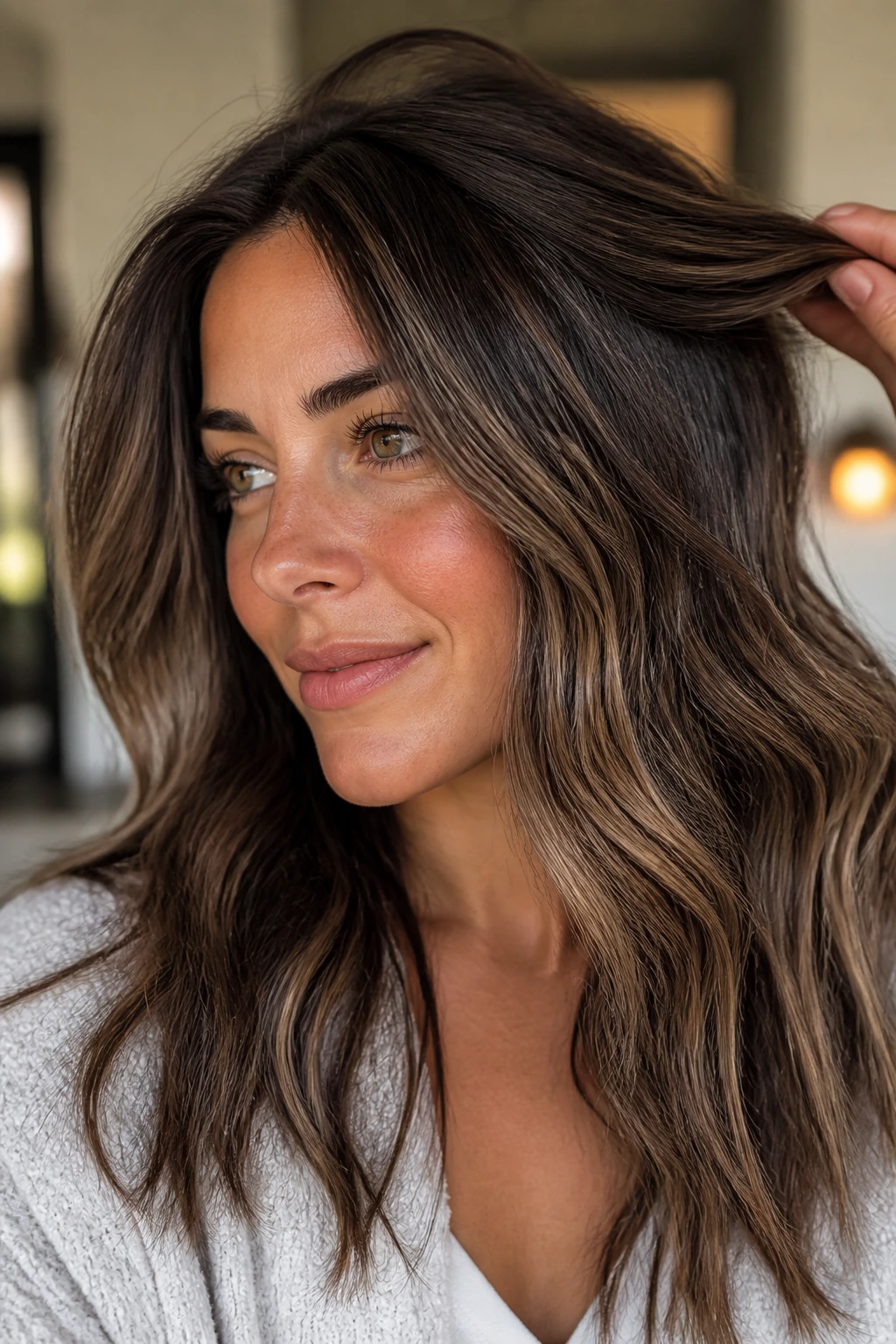 Close-up portrait of a real woman with micro foils in baby-light chocolate brown hair