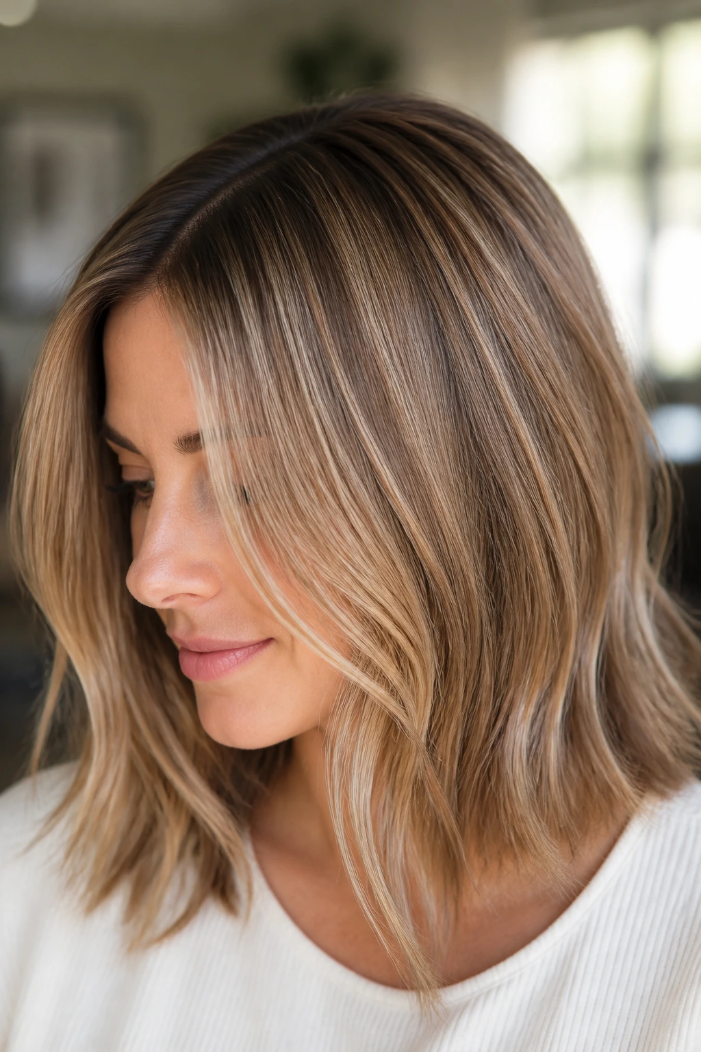 Close-up of a real woman with tiny baby lights creating a soft blur on shoulder-length hair