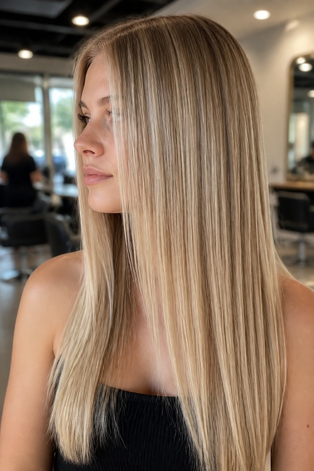 Close-up of real person with babylights on poker-straight hair