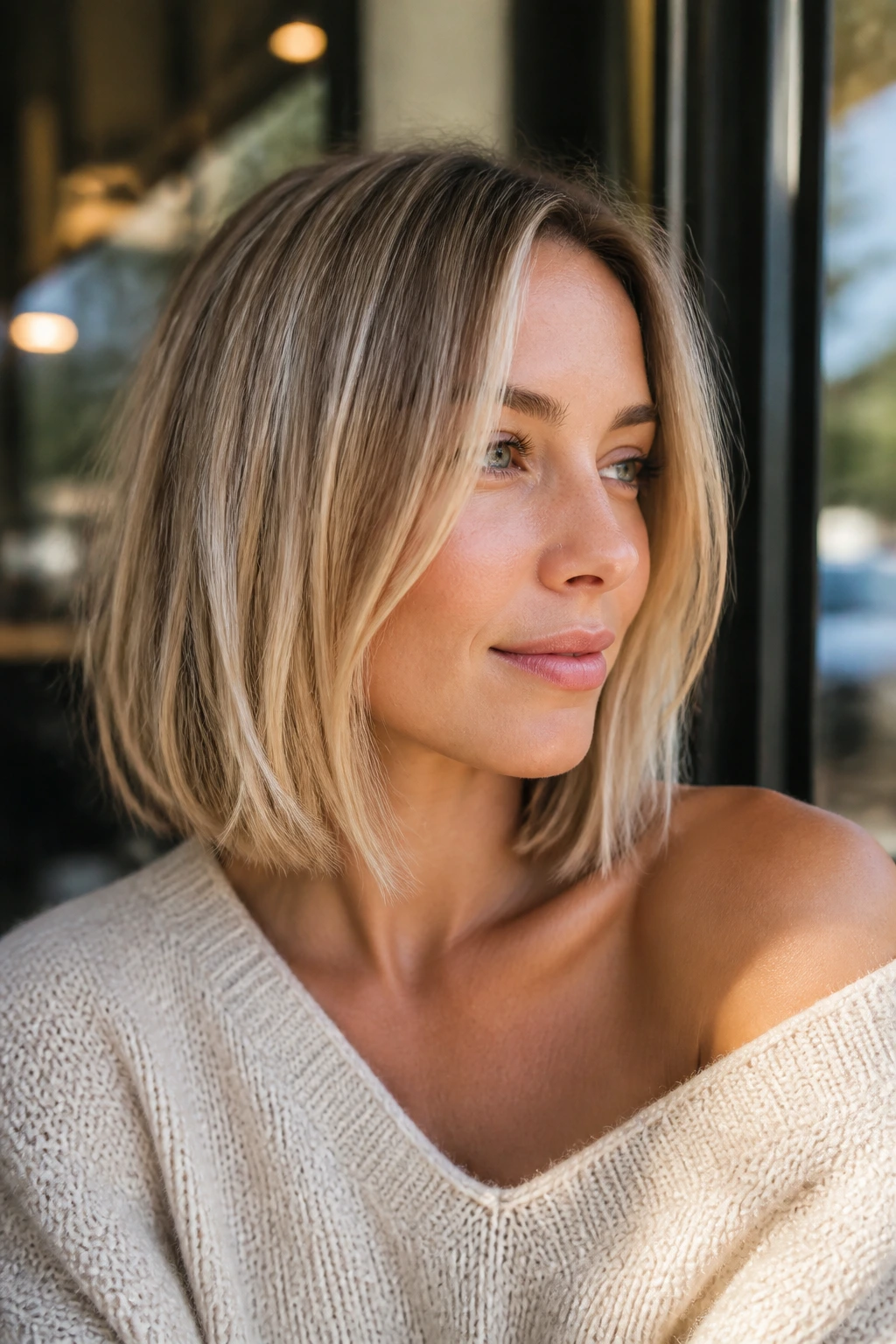 Portrait of a real woman with a collarbone-length bob and subtle babylights