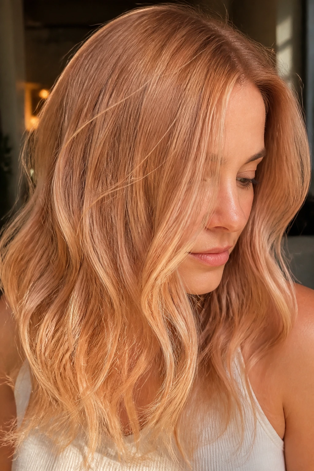 Close-up of hair with ultra-fine babylights strawberry blonde on a real person