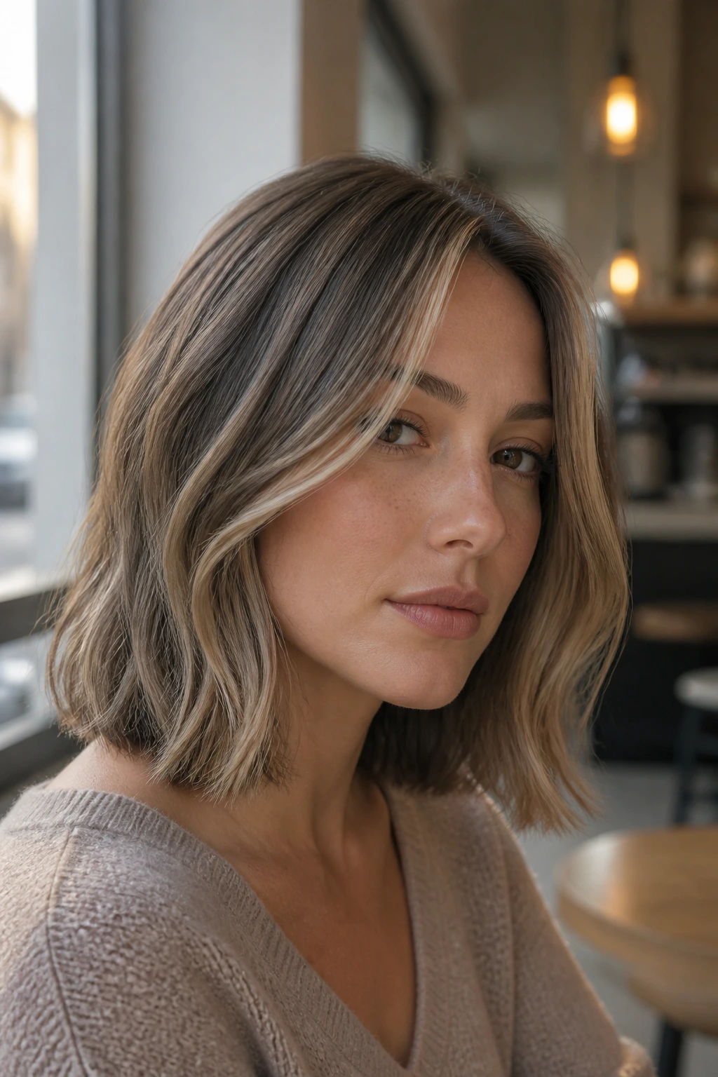 Portrait of woman with shoulder-length bob and cool beige babylights.