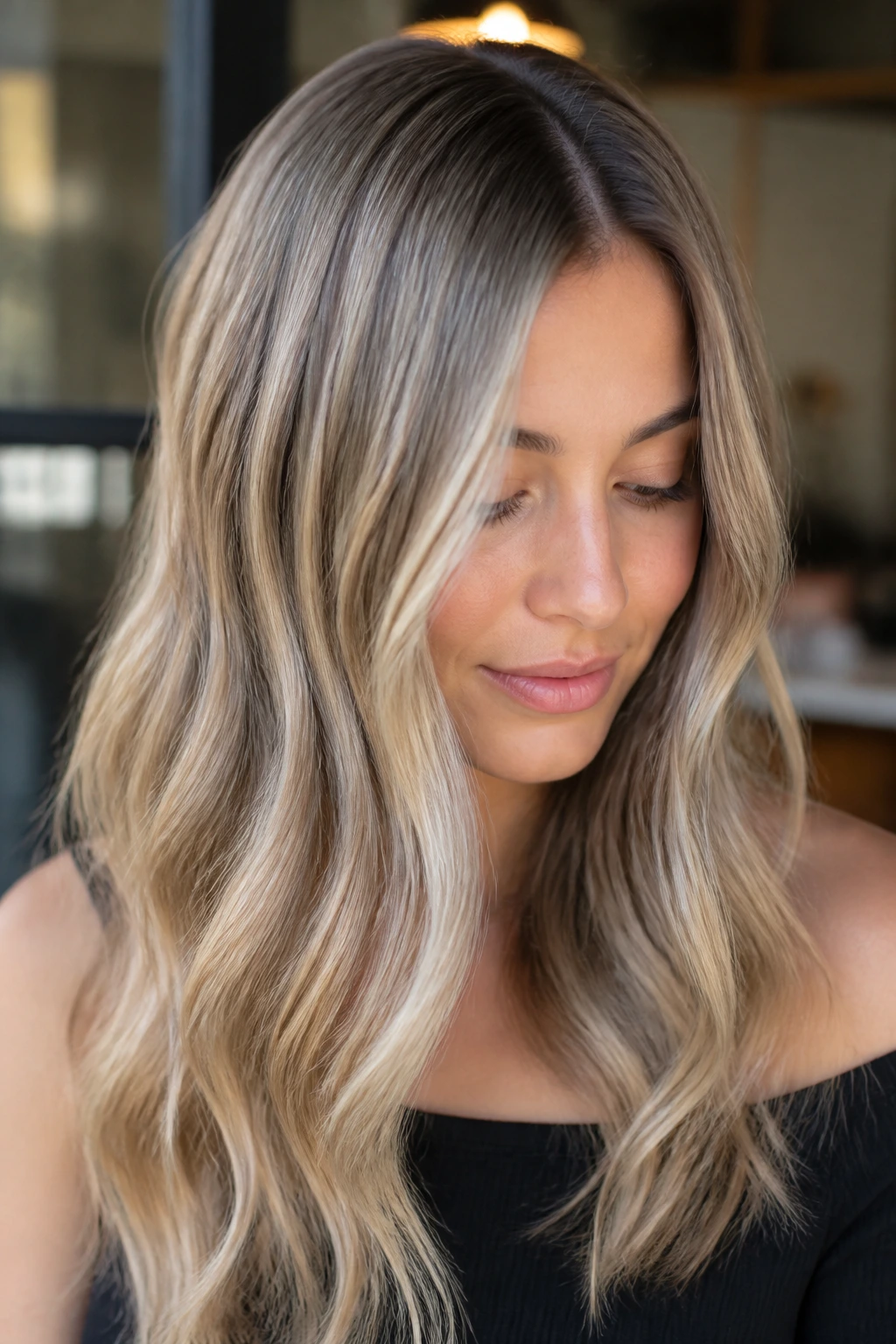 Close-up of a real woman with icy beige babylights and soft root shadow