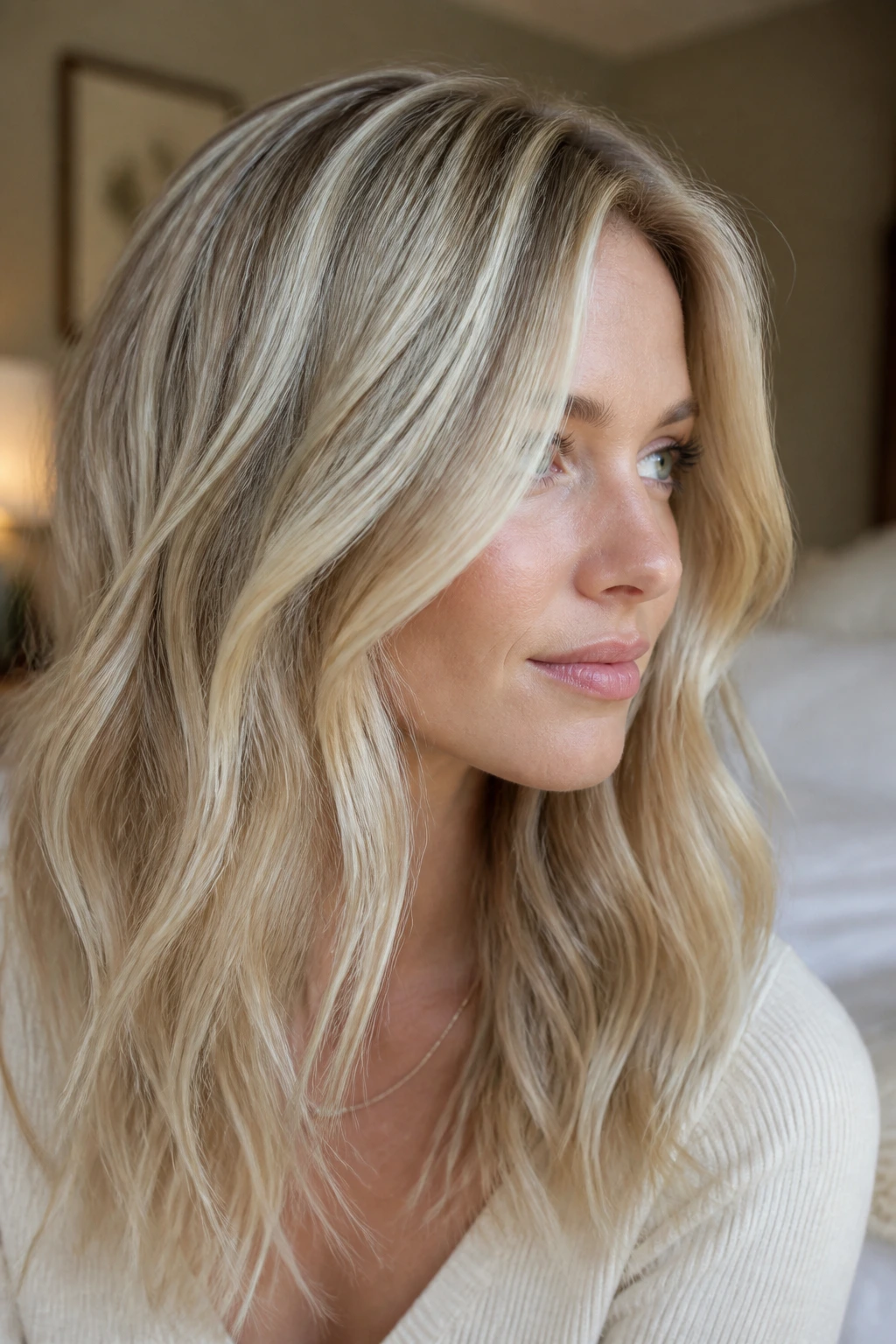 Close-up of a real woman with baby blonde babylights on soft waves