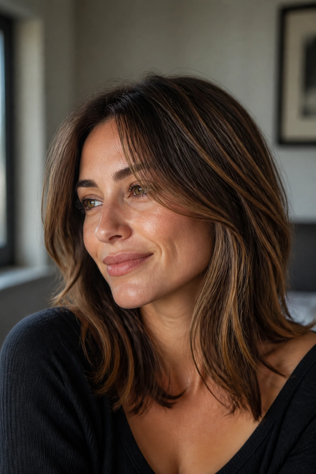 Close-up of brunette hair with fine honeyed babylights on layers