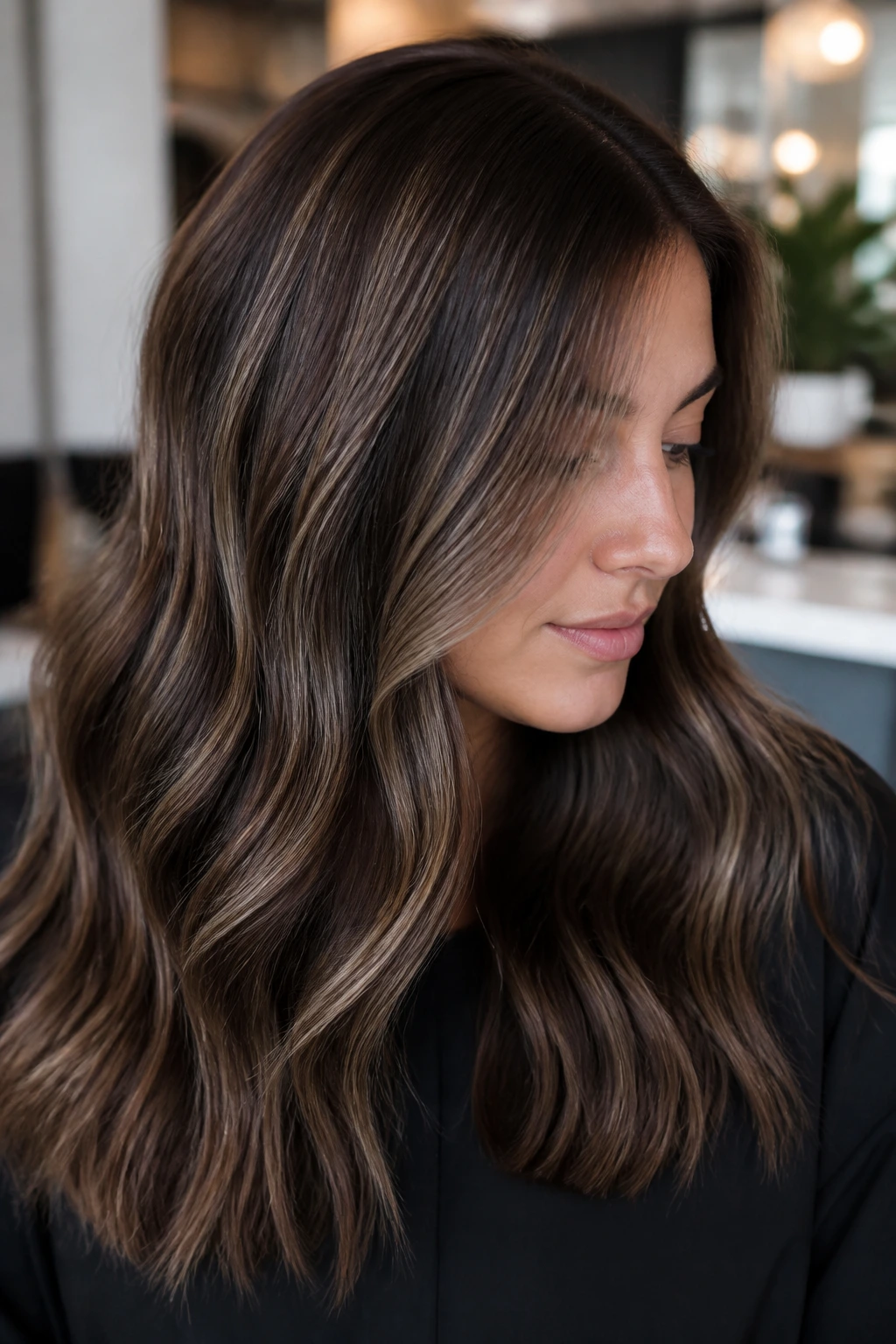Brunette hair with fine babylights adding subtle shimmer
