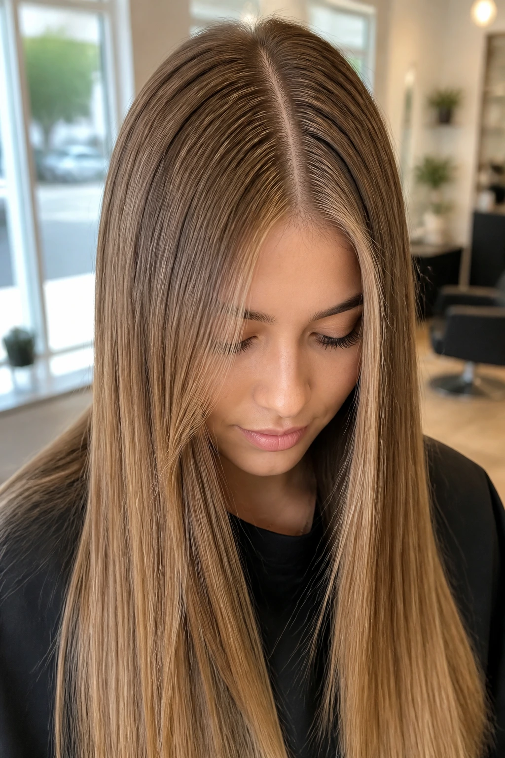 Close-up of a person with ultra-fine babylights along the center part on straight hair