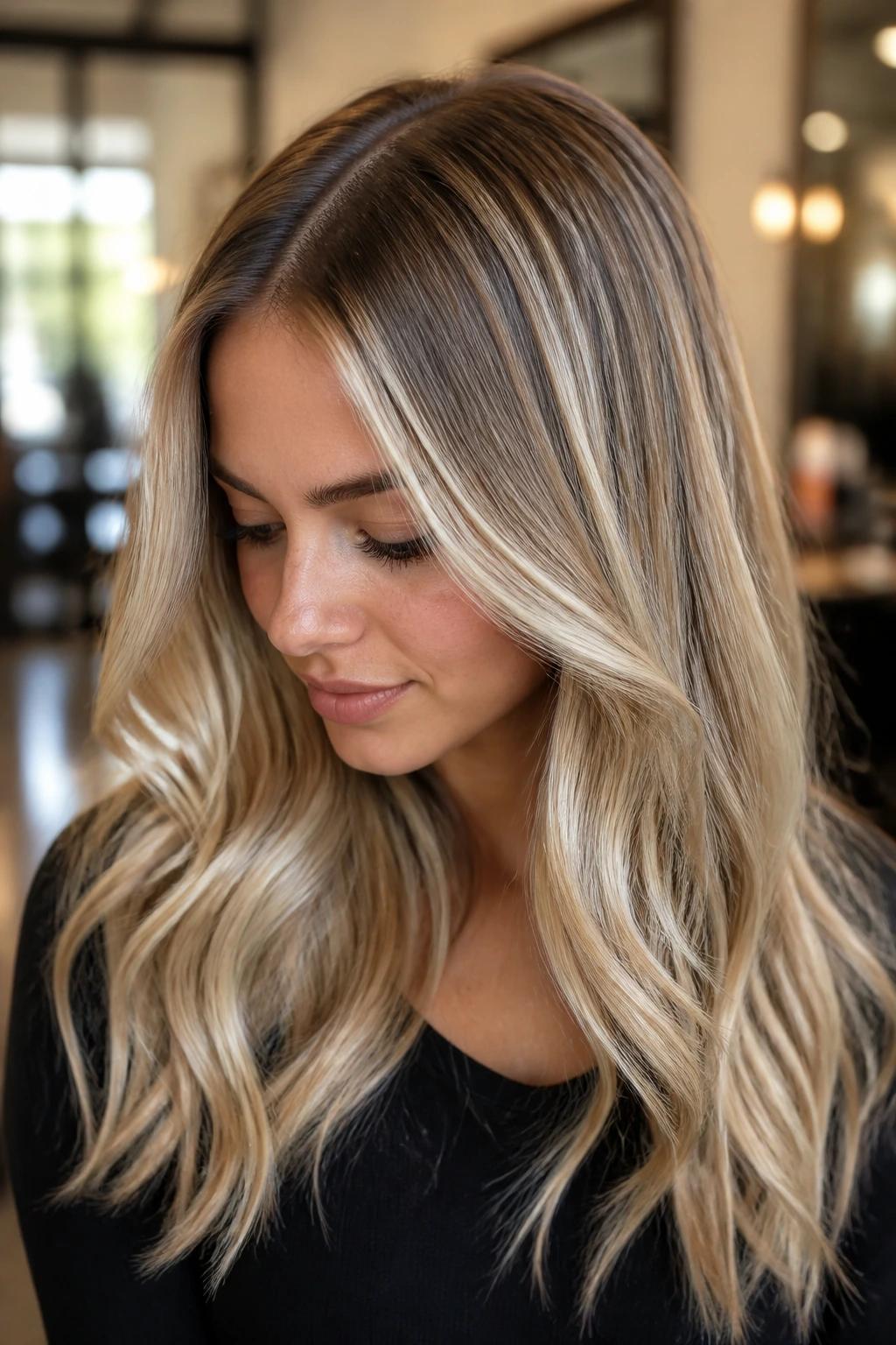 Close-up portrait of a real woman with beige babylights, gloss, and soft root shadow in warm light