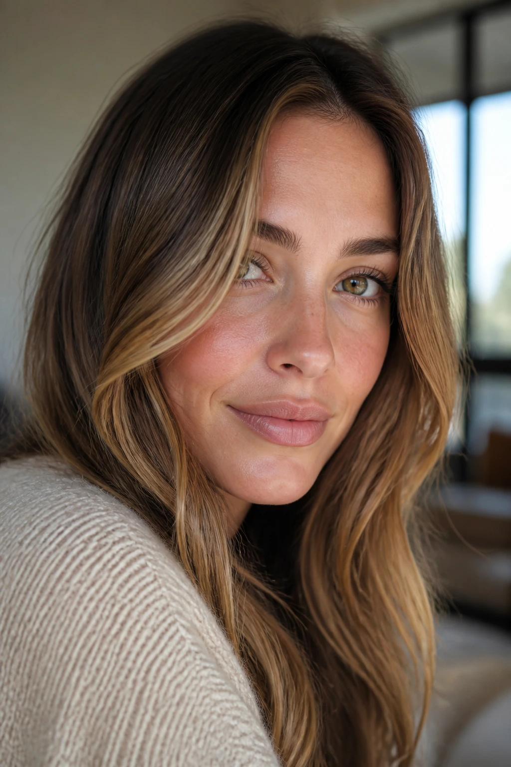 Close-up portrait of a real woman with subtle babylights around the face, warm window light.