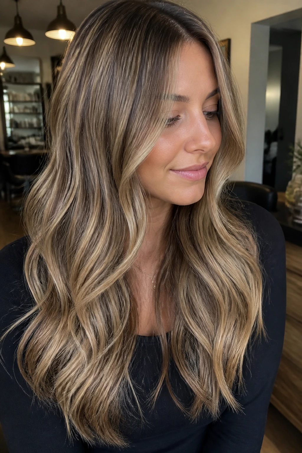 Close-up of long hair with subtle babylights from crown to ends on a real person