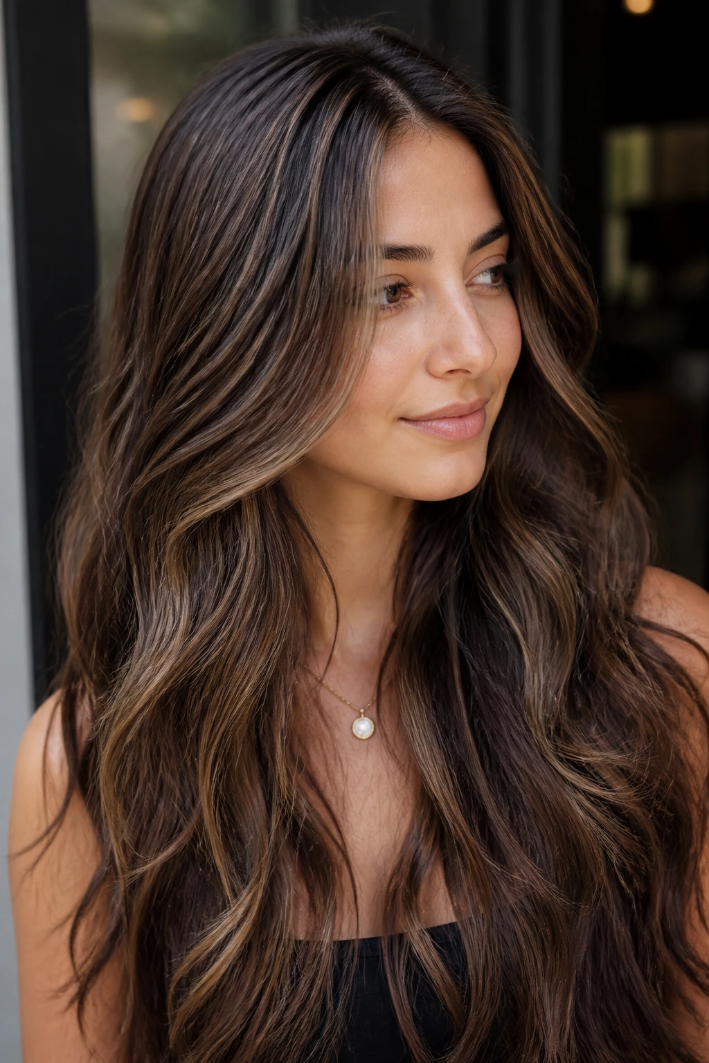 Close-up of brunette hair with dainty mocha babylights