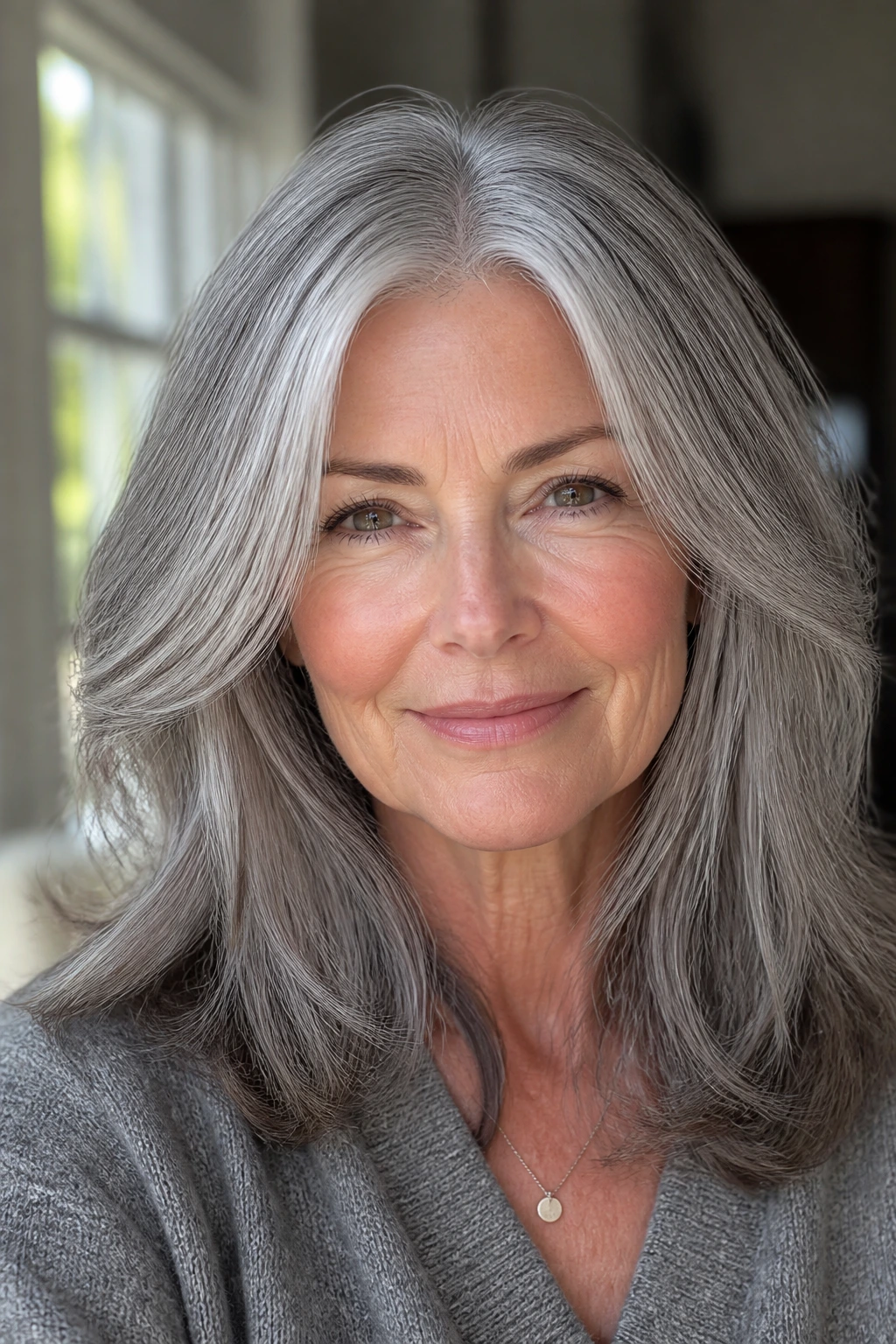 Portrait of a woman with fine babylights along the part creating a soft shimmer