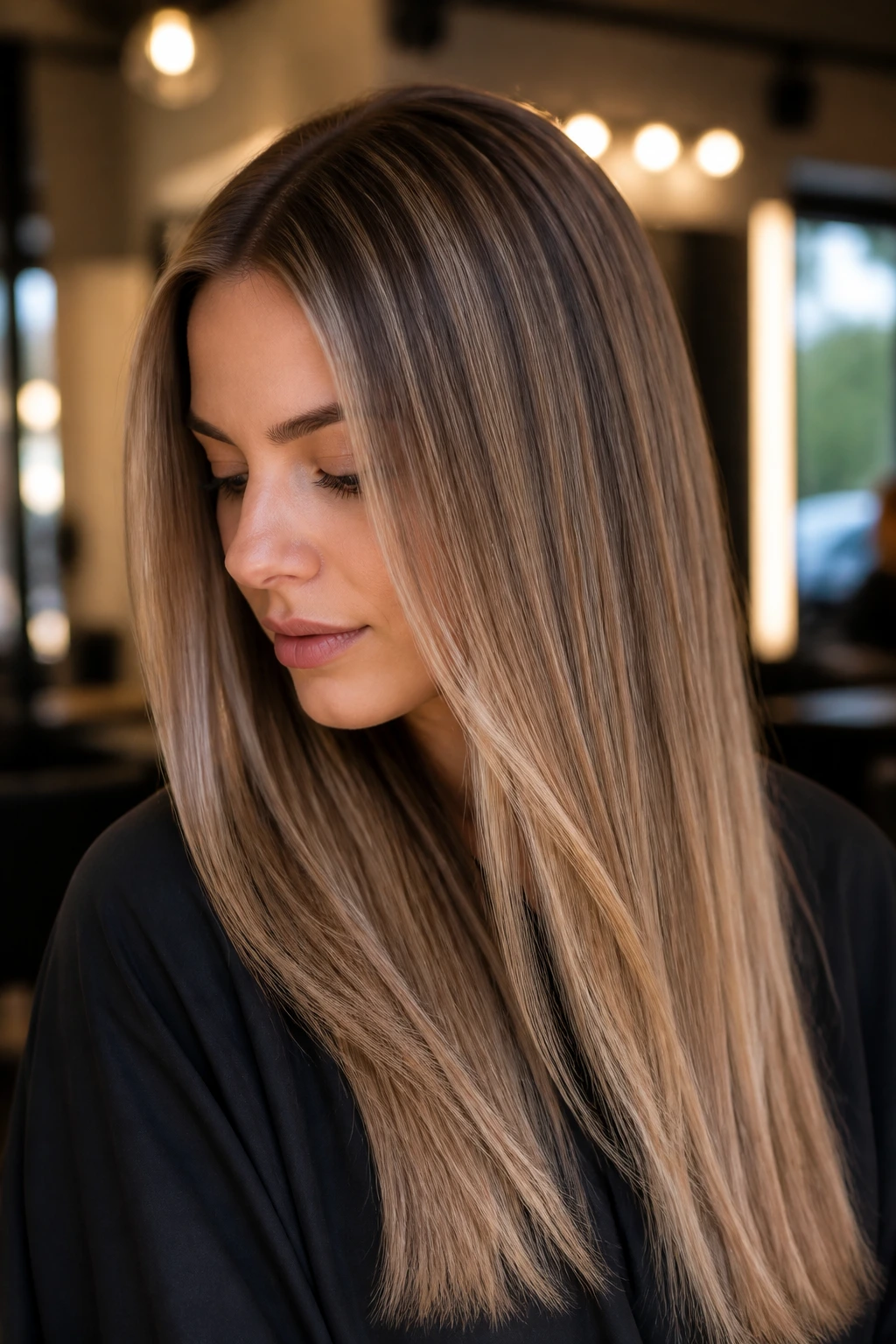 Portrait of a woman with straight hair showing soft babylights and a subtle shadow root