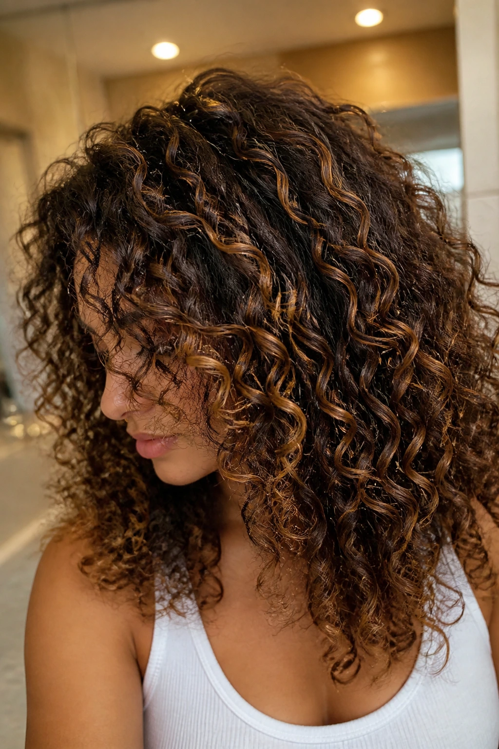 Close-up of toasted almond babylights on dark curls