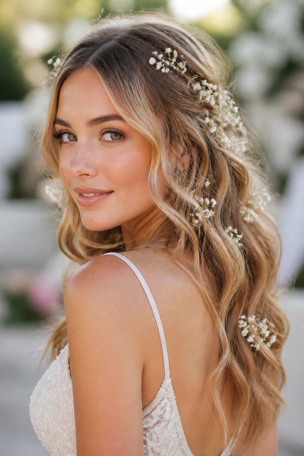 Close-up of a real bride's hair with baby's breath tucked into airy waves.